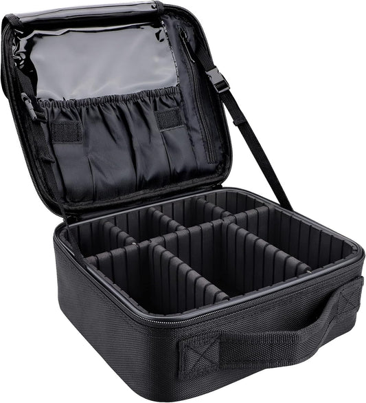 JOURMON Travel Makeup Bag, Large Capacity Cosmetic Train Case for Women Portable Pouch Open Flat Artist Brushes Toiletry Jewelry Digital Organizer Storage Bag with Adjustable Dividers (Black,S)