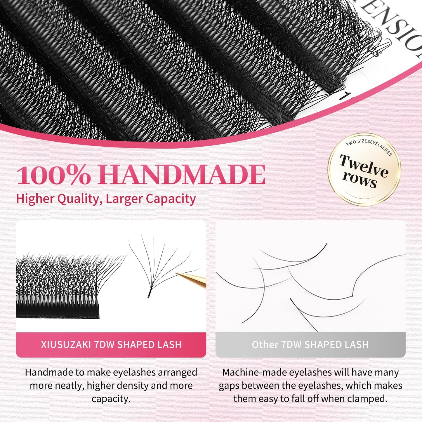 W Lash Extensions Supplies 7D Eyelash Extensions W Shape 0.07mm Thickness C Curl 10mm Premade Fans Easy Fan Lashes Volume Matte Black 12 Rows Crisscross Eye Lashes(W-7D-0.07-C,10mm)