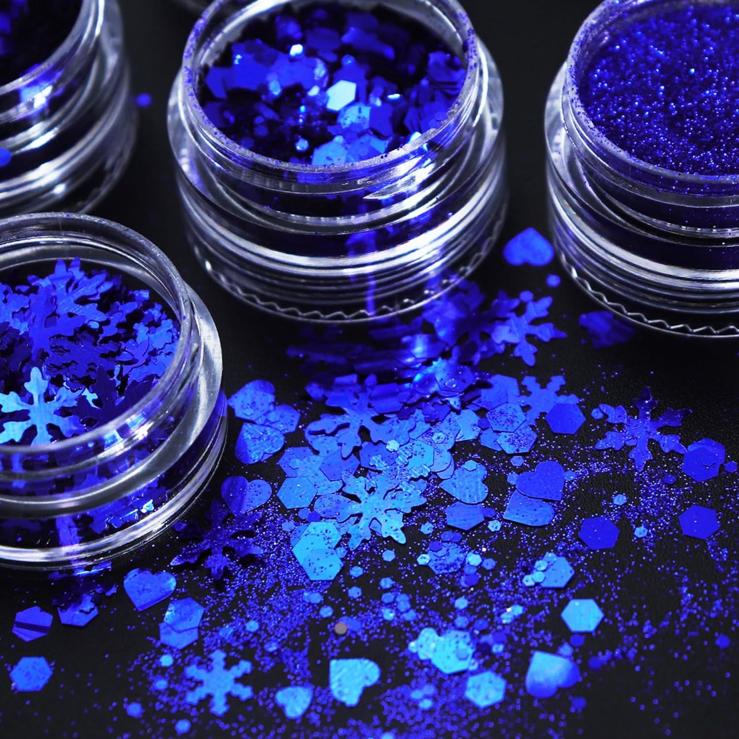 Snowflake Nail Art Glitter Blue Winter Nail Sequins Flakes, Blue Manicure fine Glitter Powder, 3D Holographic Heart Round Hexagon Butterfly Nail Stickers Decals Supplies Nail Charms for Women 6 Box