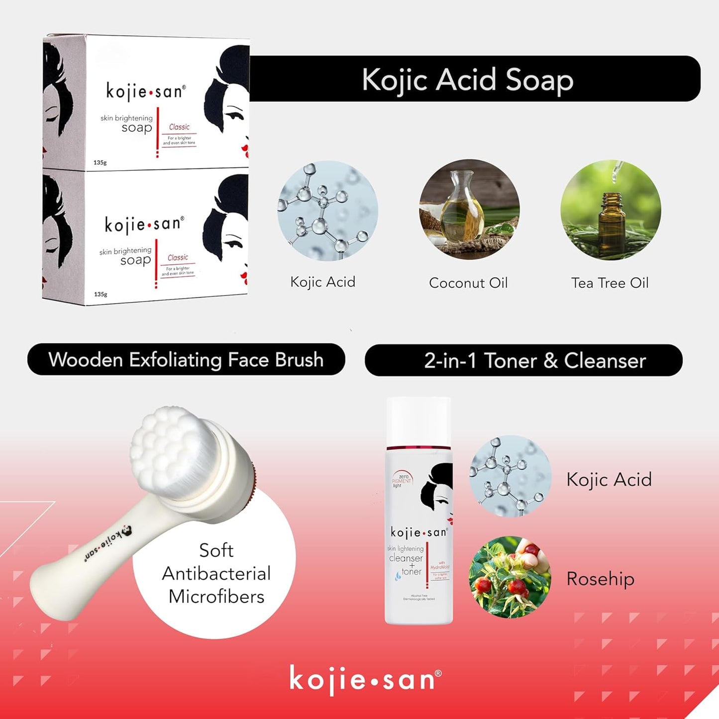 Kojie San Face & Body Shower Set - The Original Kojic Acid Soap that Reduces Visibility of Dark Spots, Hyperpigmentation, and Other types of Skin Damage – 135g x 2 Bars with Lotion, Cream and Toner