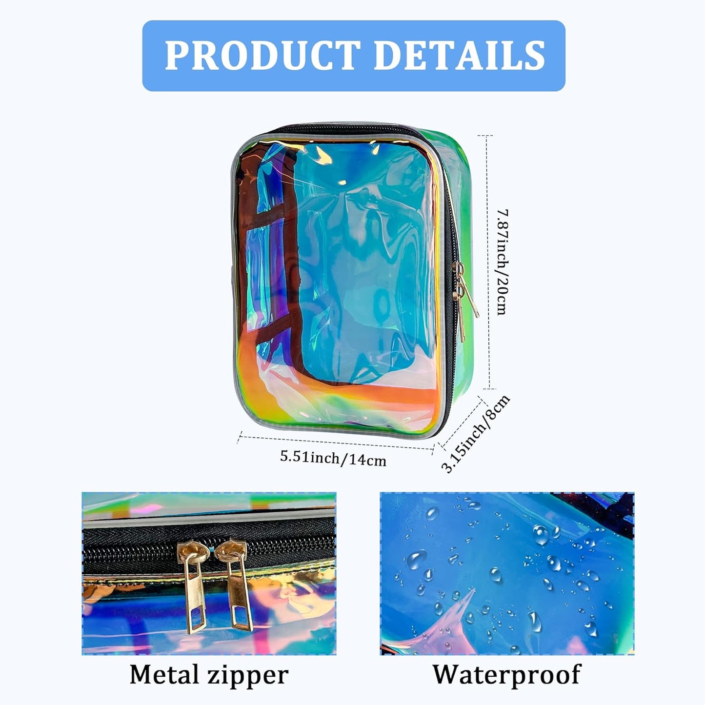 7.8"X5.5"X3.1" TPU Blue Laser Clear Toiletry Pouch Waterproof Cosmetic Organizer with Large Capacity & Zipper Clouse for Pool Beach Travel Concert Sports Commute