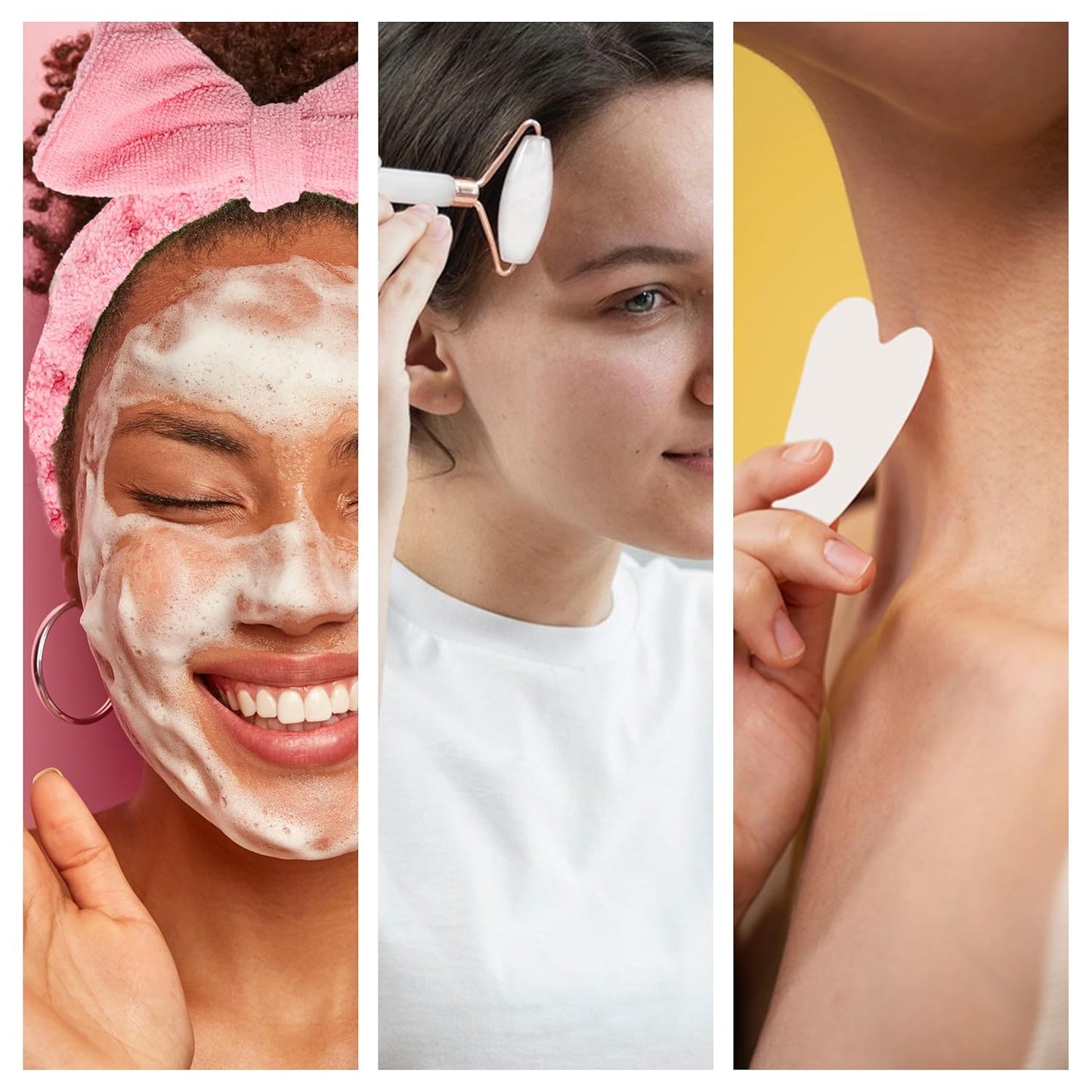 Earth & I Fuzzy headband White Jade Roller & Face Guasha Set 3pc, At Home Spa Essentials, Women Self Care, Face Tool for Lymphatic Drainage, Gua Sha Roller, Gusha, Spa Accessories for Women