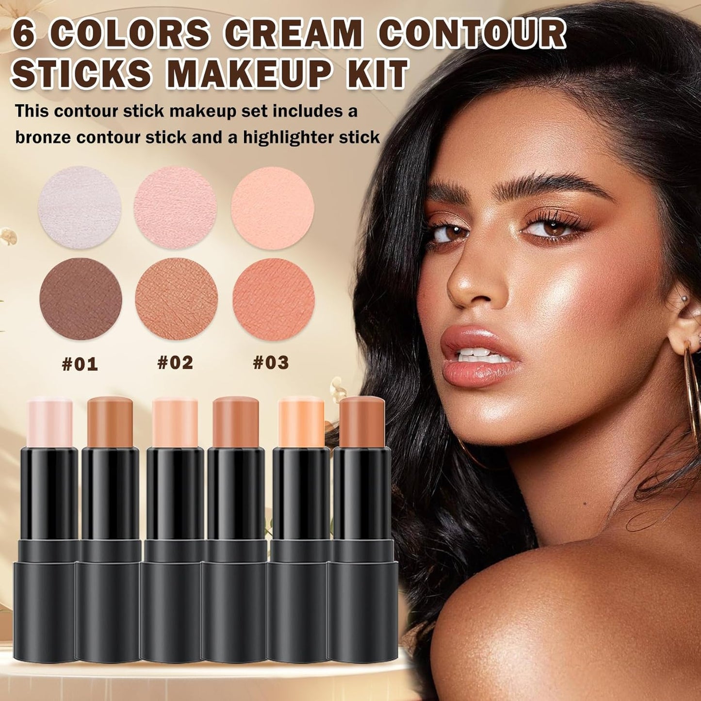 CAHIUYOA 6-Color Cream Contour & Highlighter Makeup Kit, Bronzer & Highlighter Stick for Beginner, Long-Lasting Waterproof Face Makeup