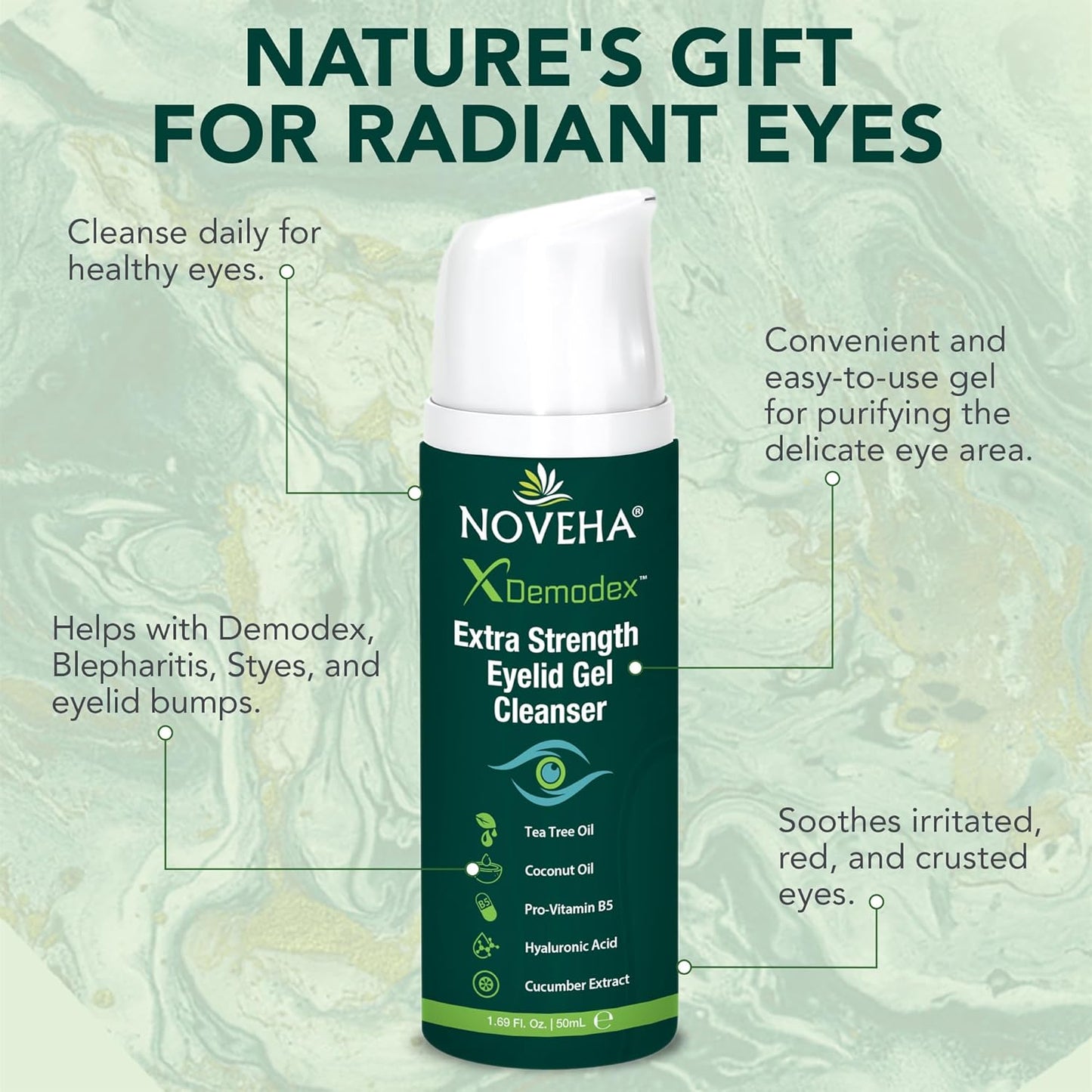 NOVEHA Demodex Extra Strength Eyelid Gel Cleanser - for Demodex, MGD and Dry Eye with Pro-Vitamin B5, Tea Tree Oil, and Hyaluronic Acid - Gentle Cleansing, Soothes Itchy Eyelid - 50mL (2 Pack)