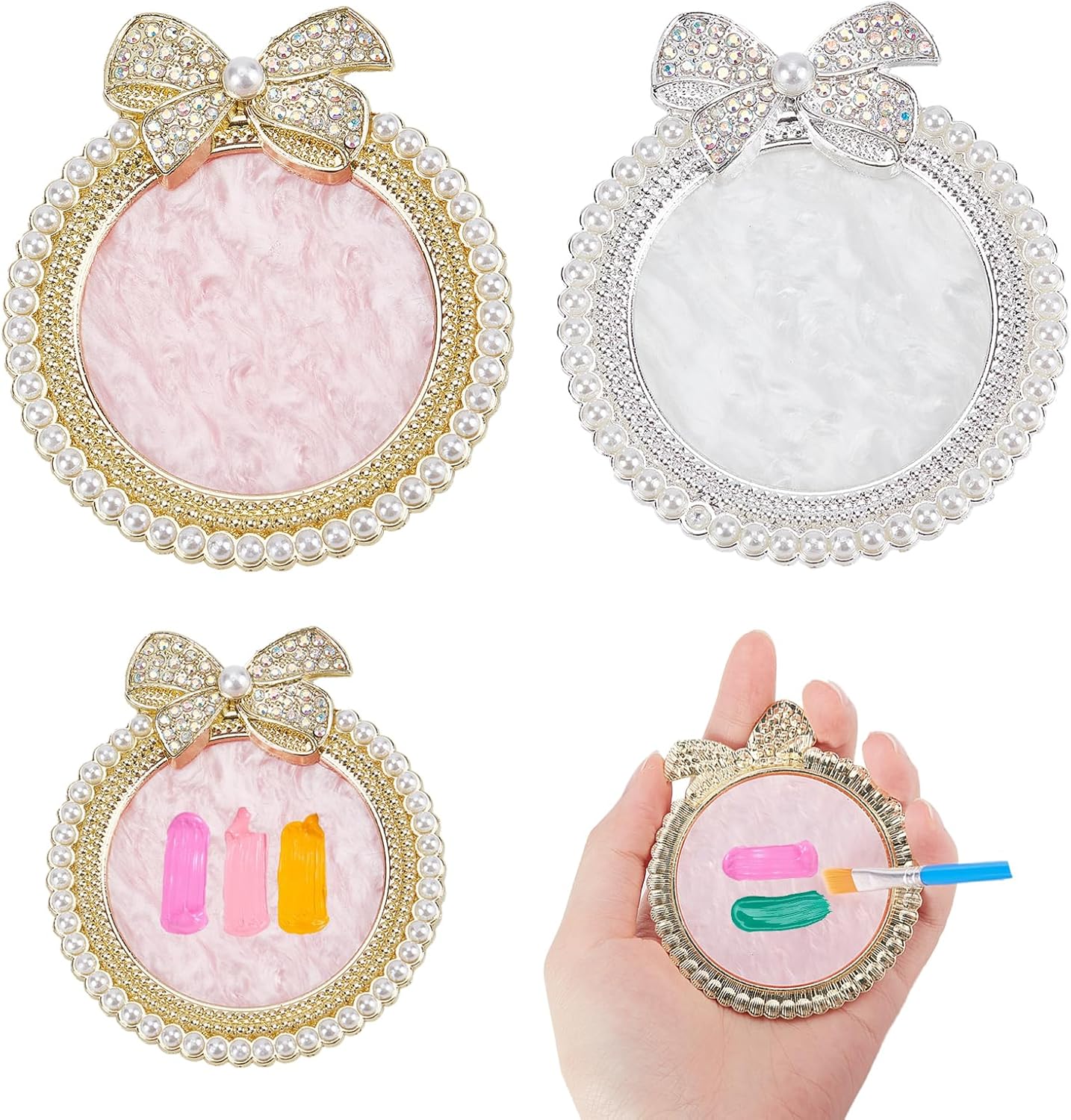 NICENEEDED 2 PCS Resin Nail Art Palette, Nail Art Painting Mixed Color Makeup Palette with Pearls, Rhinestone Bowknot Edge Nail Polish Palettes Nail Art Display Board for Nail Salon