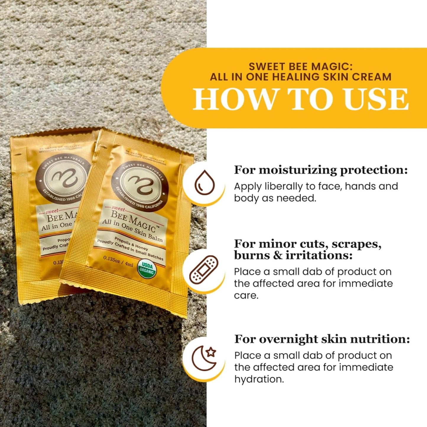 Sweet Bee Naturals All-in-One Skin Balm Sachets - 4ml Each, Certified Organic, Deep Moisture & Hydration for On-the-Go Skincare, Ideal for Busy Lifestyles, Travel-Friendly - 15 Pack