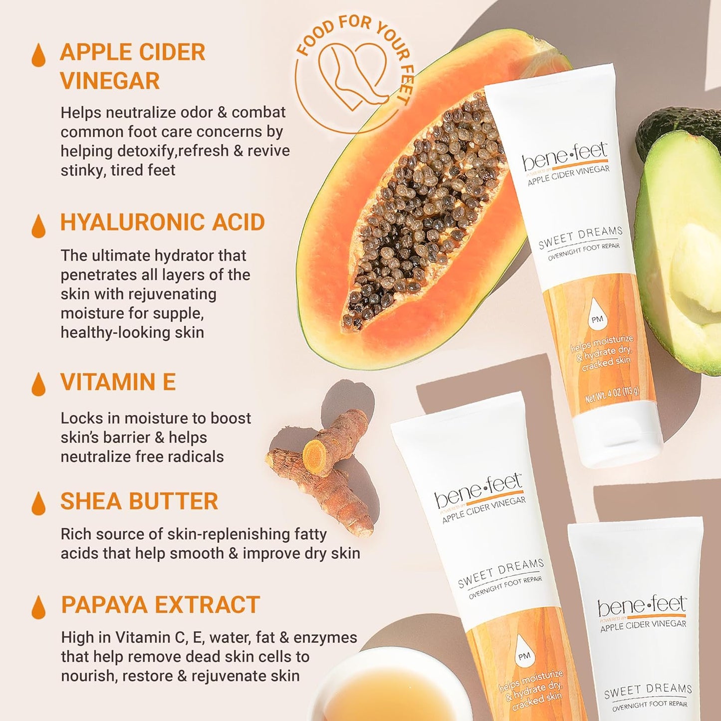 Benefeet Sweet Dreams Overnight Foot Repair - Night Cream for Detox, Moisturize & Soften Dry Cracked Skin, With Apple Cider Vinegar, Turmeric & Borage Oil, 4oz (3 Pack)