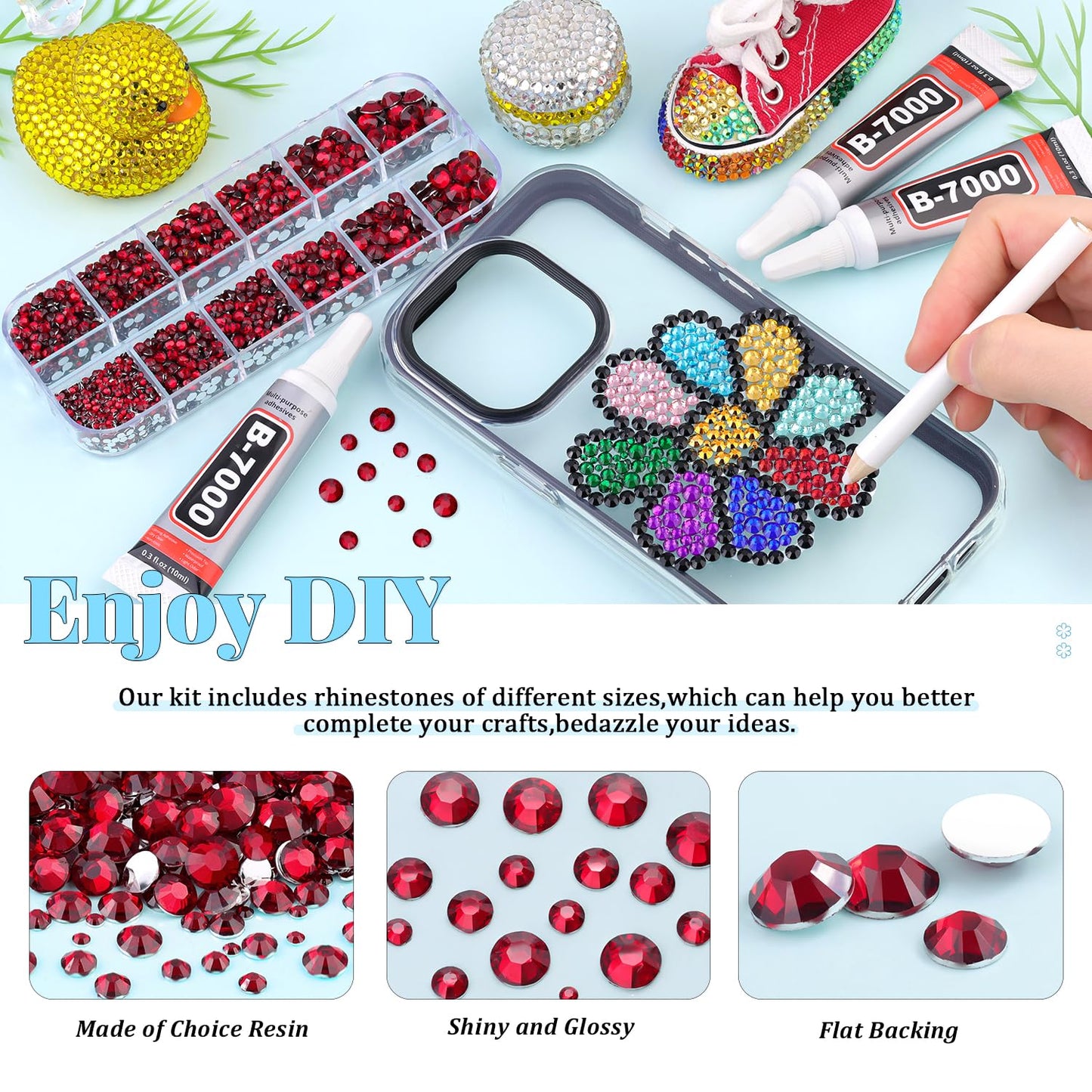 6000Pcs Resin Rhinestones for Bedazzling with 3Pcs B7000 Jewelry Glue, 1 Box Dark Red Flatback Rhinestones for Crafting Crafts DIY, Crystals Gems for Clothing Shoes Tumblers Nail Art Makeup