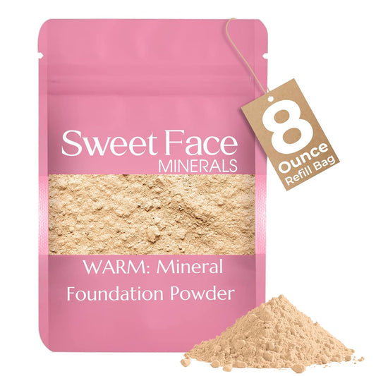 Foundation Powder Refill (Warm)(8 Ounce Bag) By Sweet Face Minerals, Lightweight Mineral Loose Makeup Powder with SPF 20, Full Coverage Flawless Finish, Talc-free, Cruelty-Free, Refillable Pouch