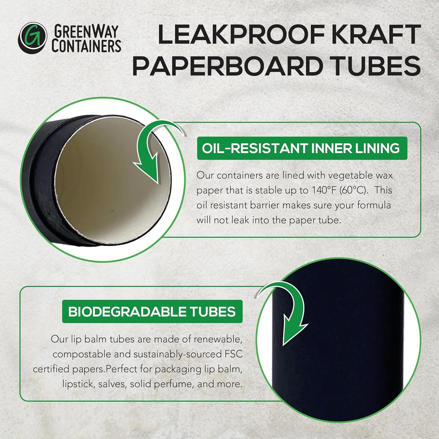 GreenWay 0.15oz / 4.25g Kraft Paperboard Lip Balm Tubes with Lids - 25 Pack Lip Gloss Tubes Refillable DIY Cosmetic Containers – Extra Thick Push-Up Bottom Lip Balm Containers - White