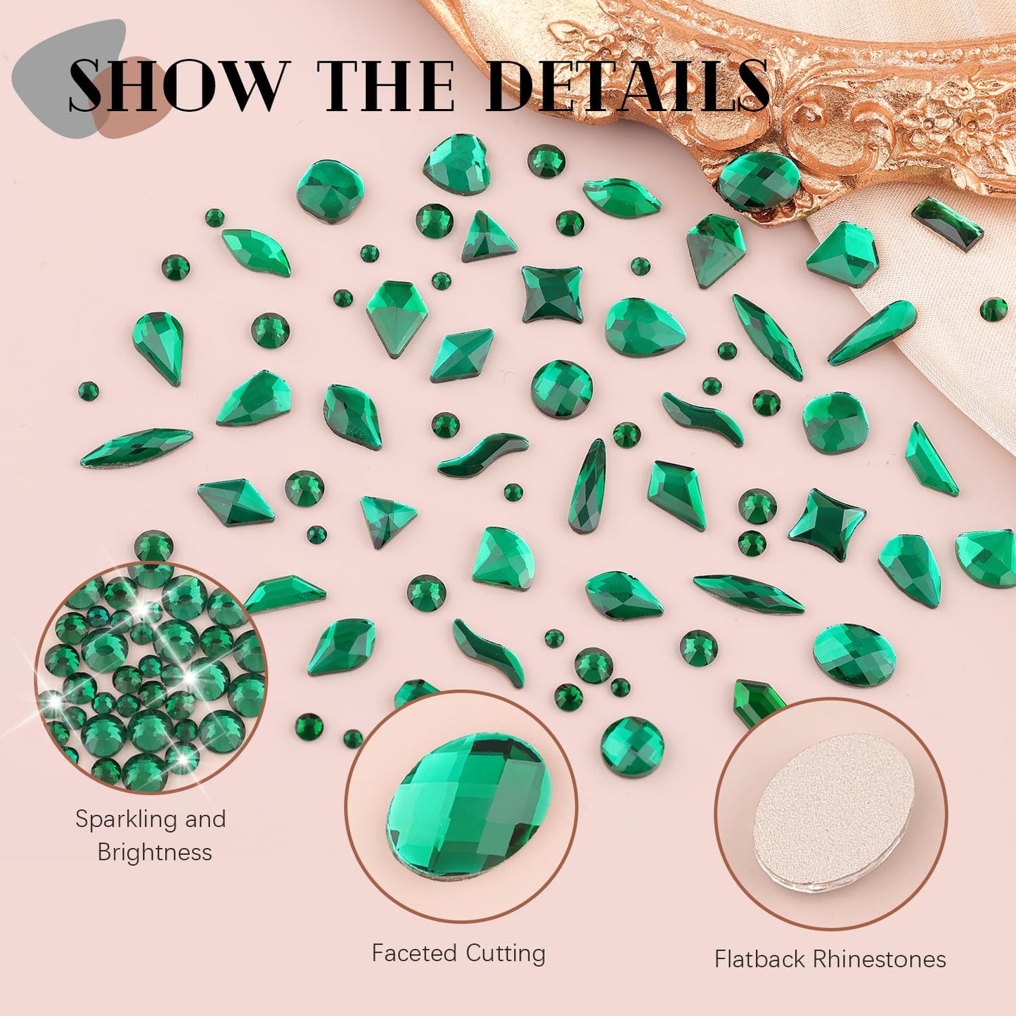 1680Pcs Emerald Green Glass Nail Rhinestones 180Pcs Multi Shapes Flatback Nail Gems + 1500Pcs 1.5-4mm Round Crystal, Manicure Nail Charms Diamond Gemstone for Acrylic Nails Decoration