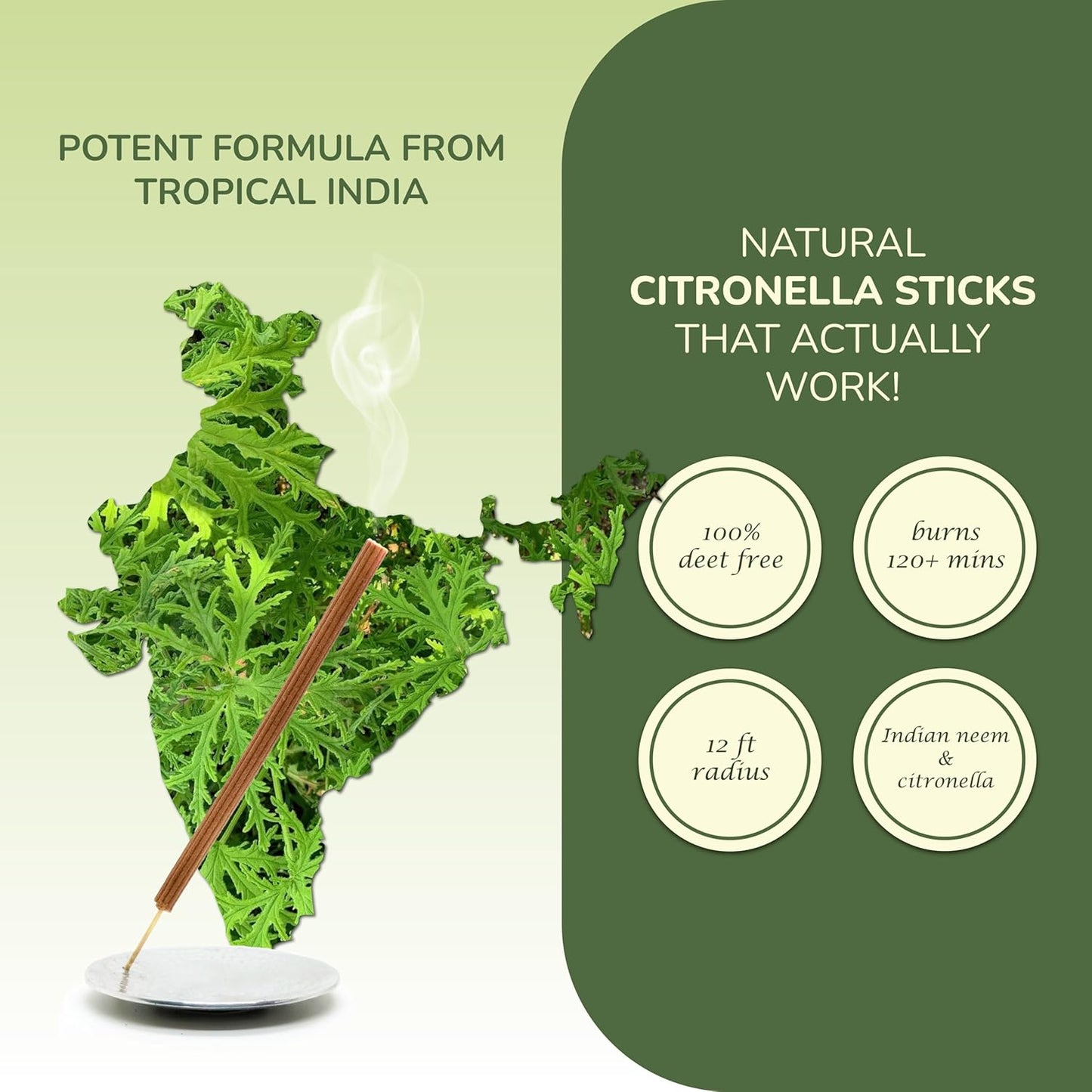 Natural Citronella Incense Sticks Outdoor - (18 Sticks, 40 hrs Protection) for Safety on Patio, Camping etc | DEET Free, Powered with Indian Neem & Essential Oils