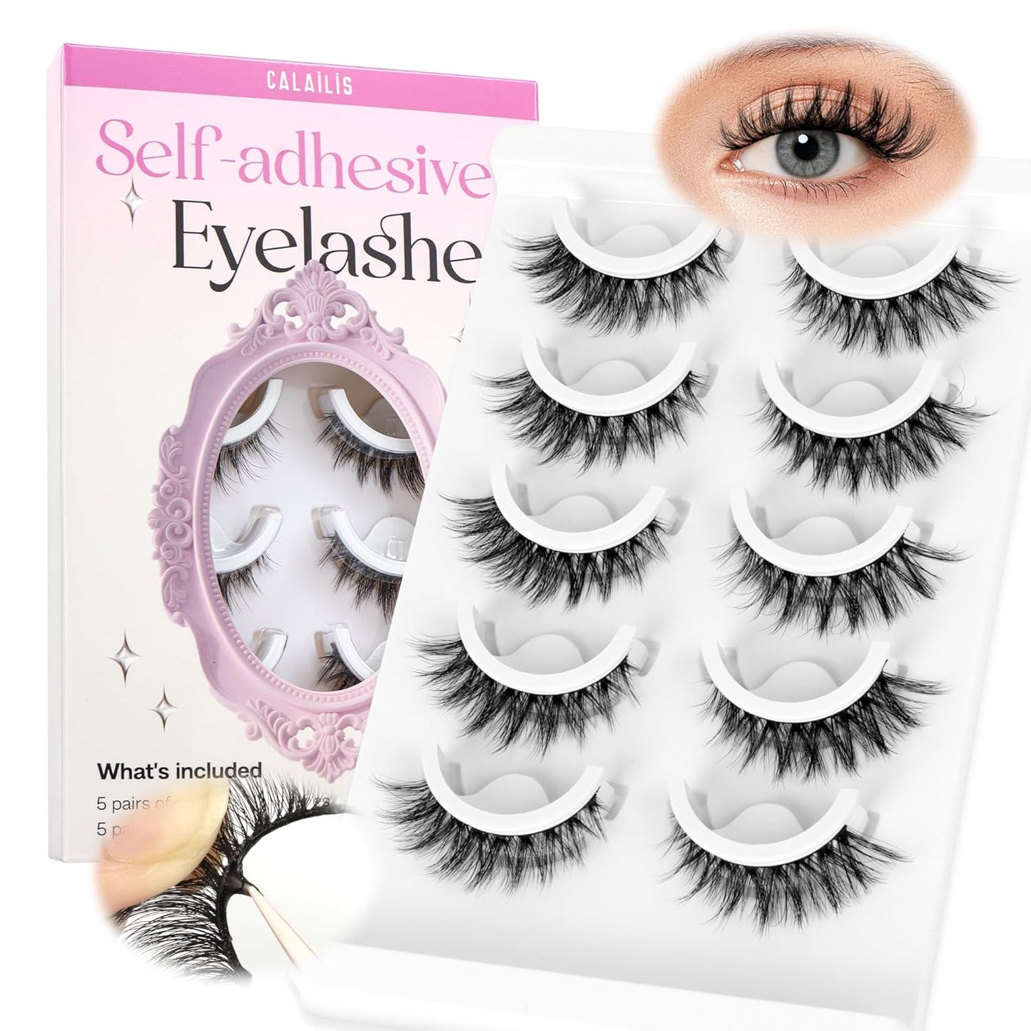 CALAILIS Self Adhesive Eyelashes 5 Pairs Natural Look Press On Lashes No Glue Need Eyelashes Reusable Cat Eye Wispy Self-adhesive False Lashes with Replacement Adhesive Strips (C105)
