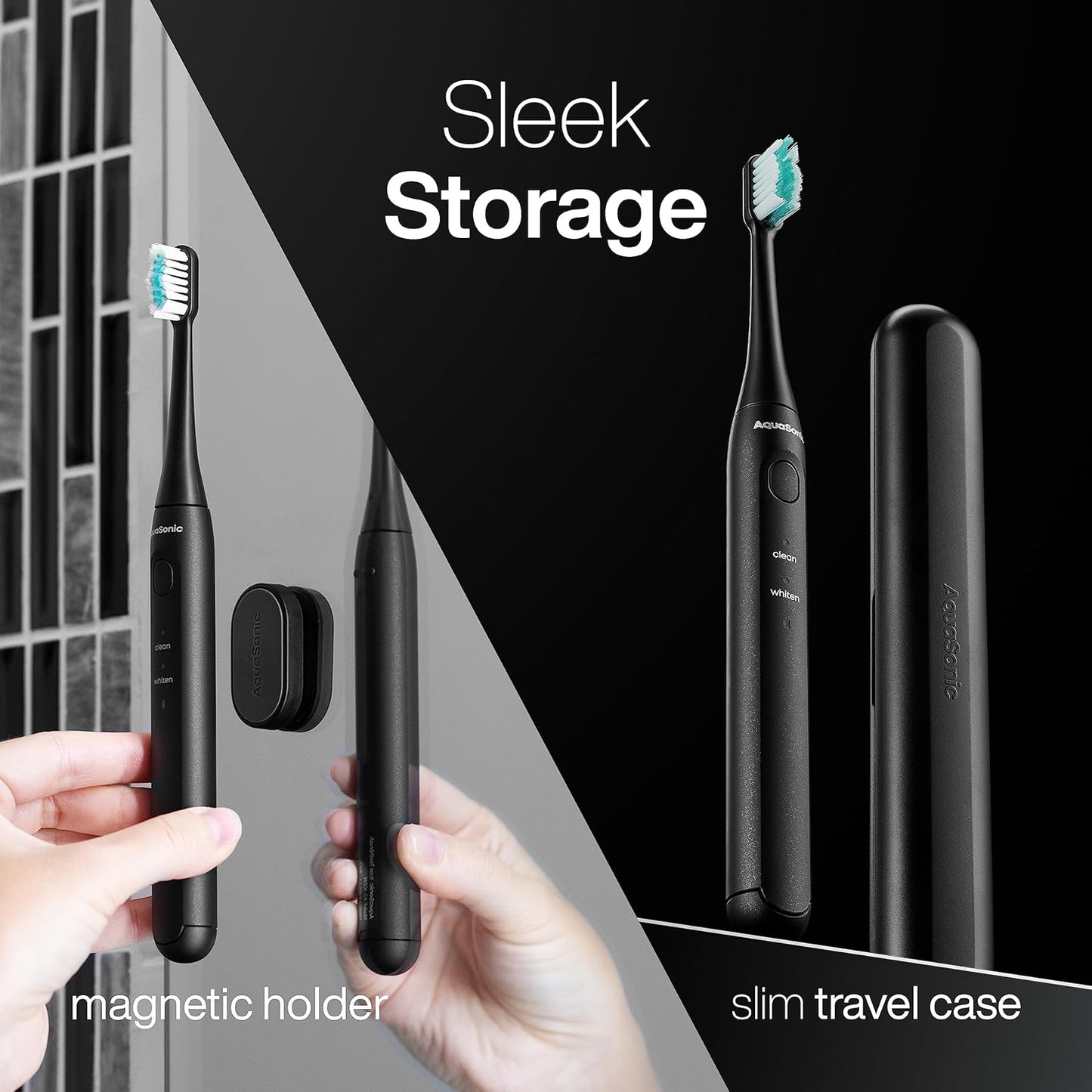 Aquasonic Icon ADA-Accepted Rechargeable Toothbrush | Magnetic Holder & Slim Travel Case | 2 Brushing Modes & Smart Timers | Gentle Micro-Vibrations(Onyx)