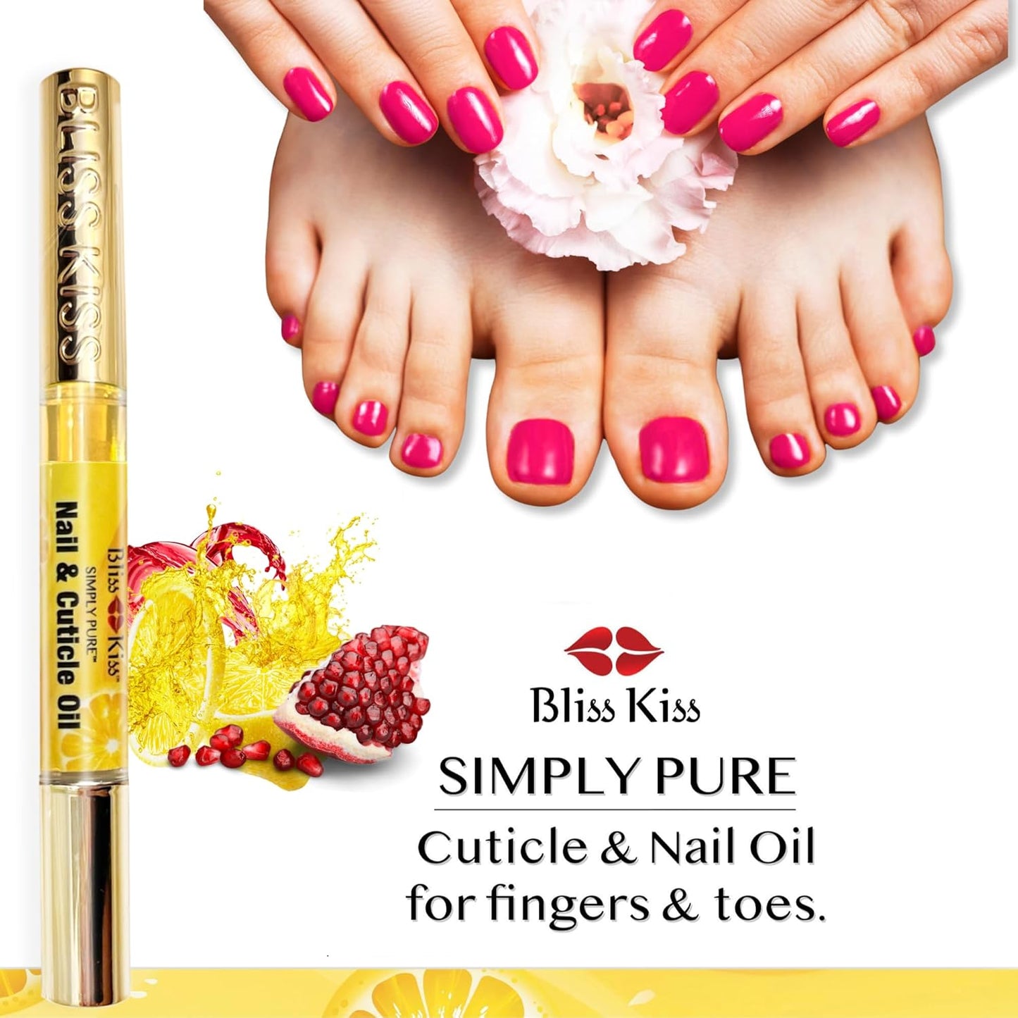 Bliss Kiss | Crisp Fragrance 4 Nail Oil Cuticle Pens w/Vitamin E & Jojoba⏤Nail Strengthener Nail Growth Treatment for Brittle Peeling Breaking Thin Nails