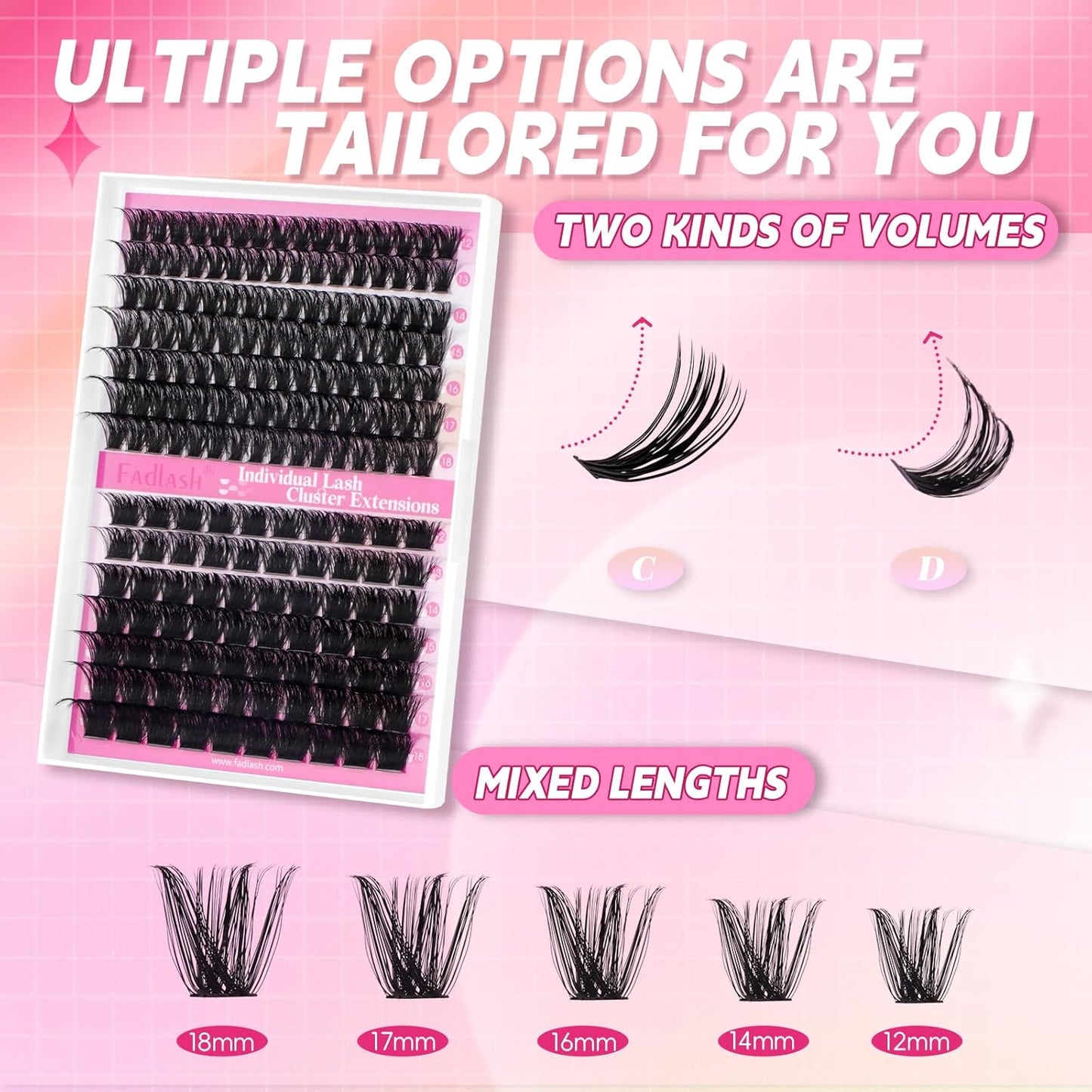 FADLASH Cluster Lashes D Curl Wispy Individual Lashes DIY Eyelash Extension Natural Look Reusable Fluffy Cluster Eyelash Extensions Self Application at Home (100D+200D-0.07D-12-18MIX)