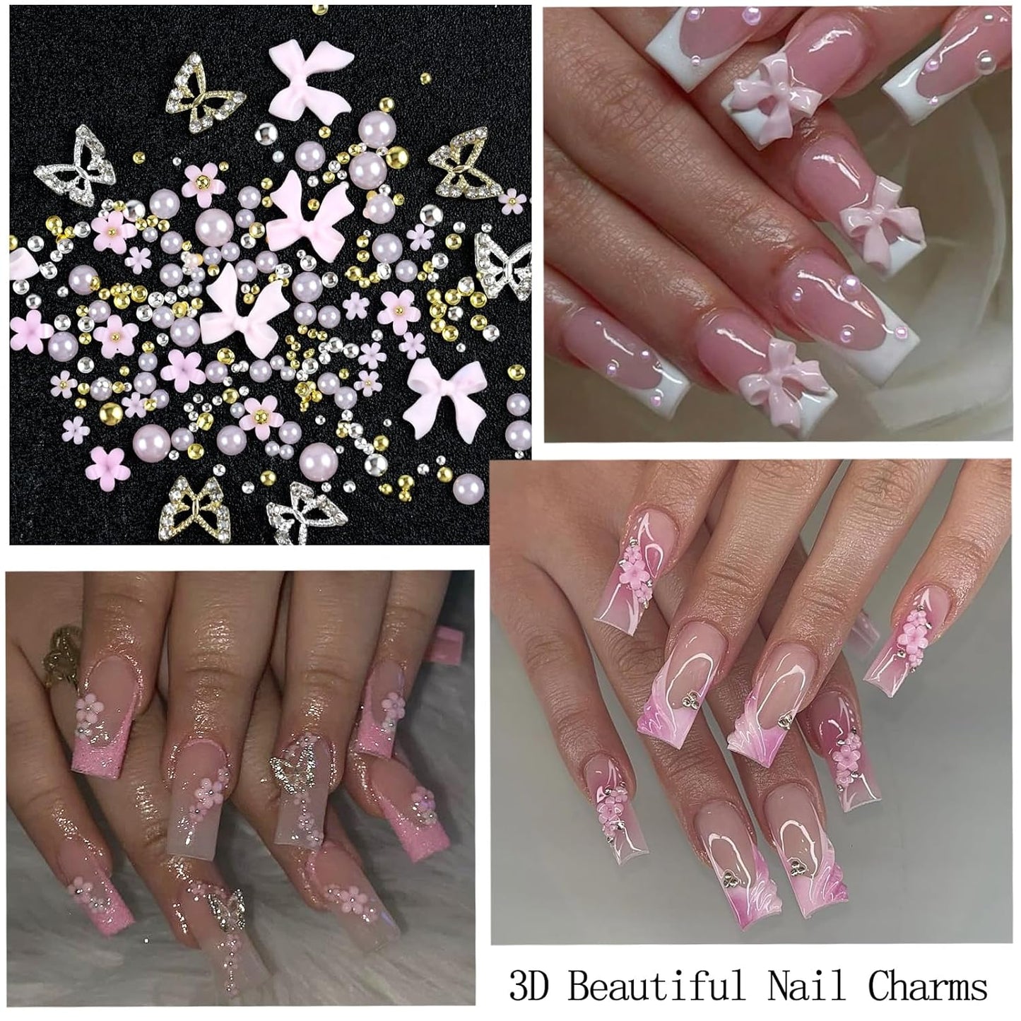Nail Art Charms with Rhinestones Glue Gel Pink Flatback Pearls Flower Bow Nail Gems Supplies Accessories Gold Silver Nails Decoration Pearls for Women Nails Design