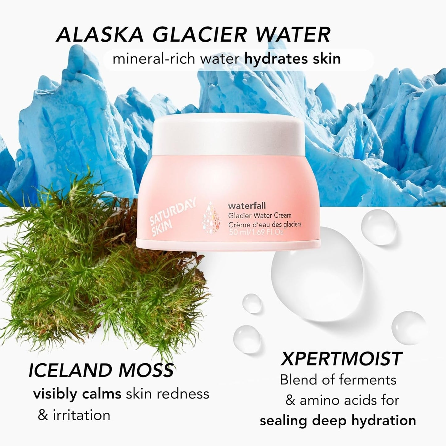 Saturday Skin Face Moisturizer Water Face Cream Natural Oil free Gel Type Cream From Alaska Glacier Water Day & Night Korean Skin Care Cream Soothing Hydrating Facial Moistrurizer (1.69 Fl. Oz. 50ml)