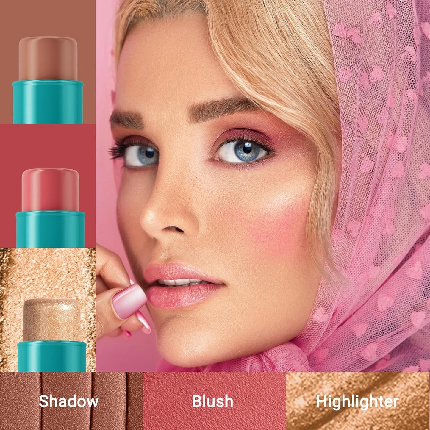 3Pcs Cream Contour Stick, with Highlighter Stick Milk Bronzer Stick Blush Stick, Face Contour Stick with Makeup Brush and Sponge, Easy to Sculpt the Face, Long Lasting, Waterproof