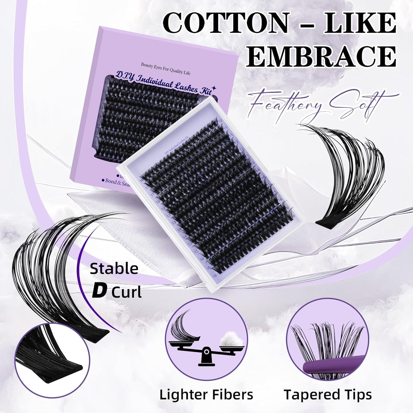 B&Qaugen Lash Extension Kit 280Pcs Volume Individual Lashes Kit Superfine Individual Eyelashes 10-18mm Soft D Curl Eyelash Clusters Kit with Bond and Seal Tweezers for Self Use （Kit，70D-10-18MIX）