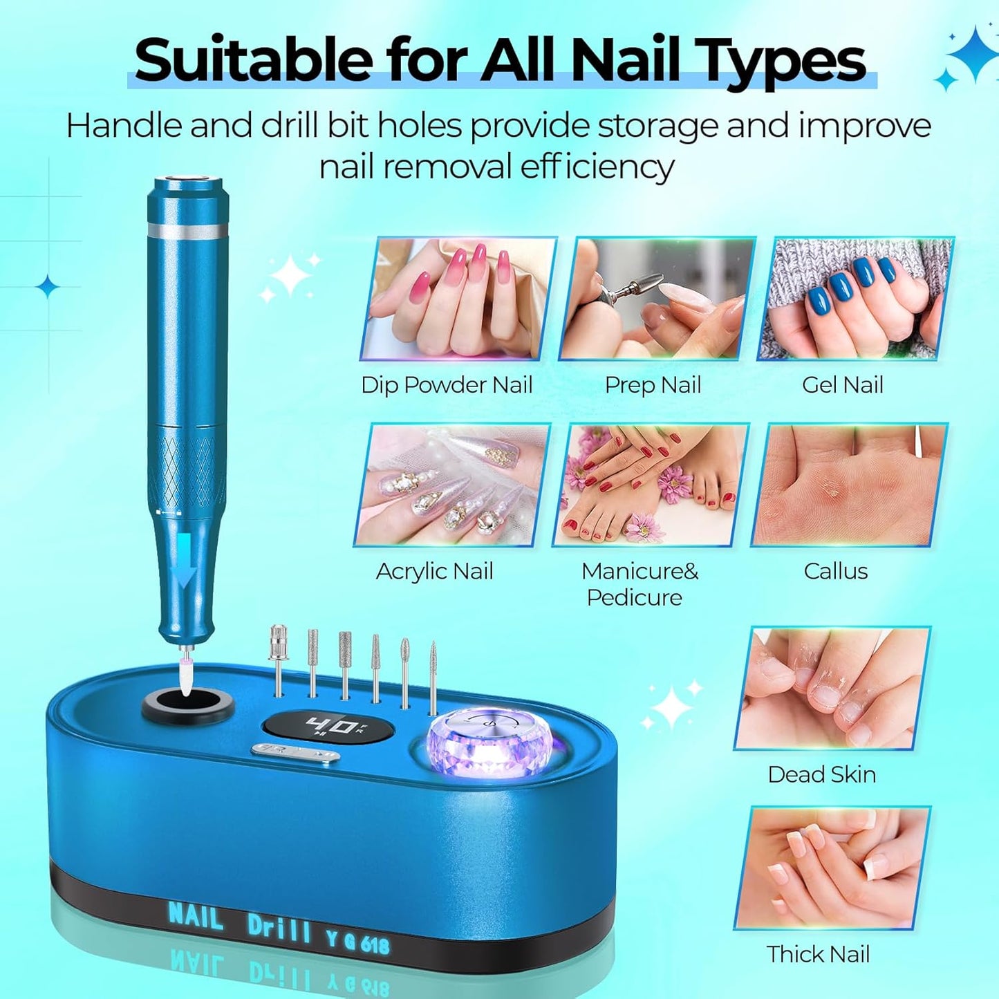 Electric Nail Drill Professional: 40000RPM Electric Nail File Kit E File Nail Drill Machine with LCD Display for Acrylic Gel Nail, Manicure Pedicure Polishing Nail Grinder for Salon Home Use