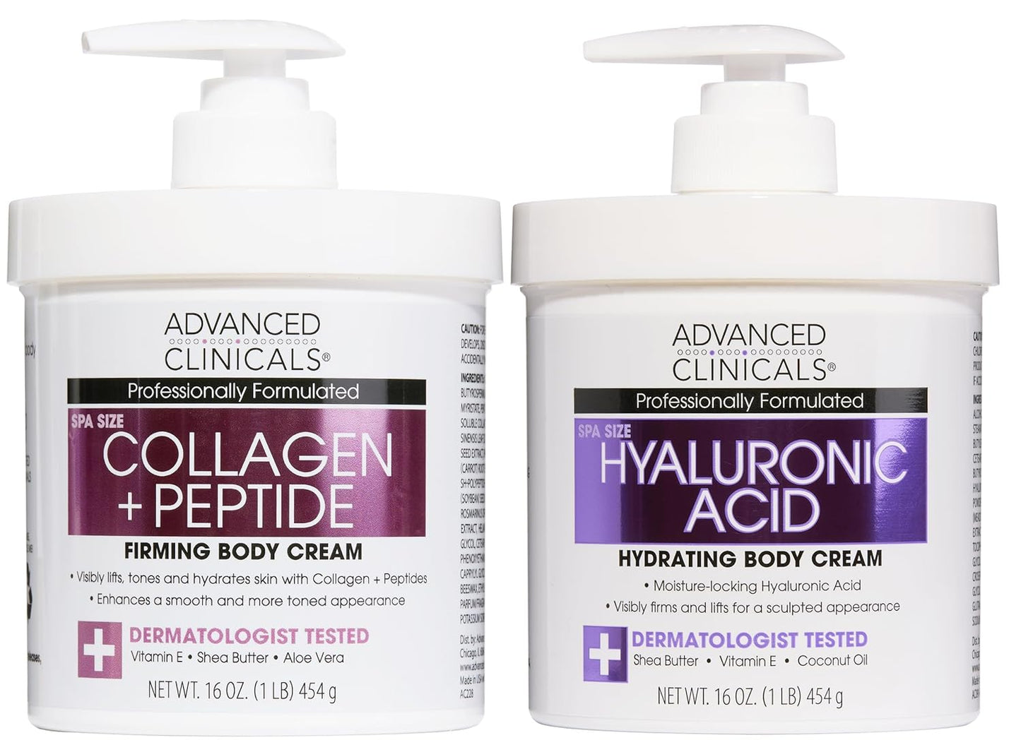 Advanced Clinicals Collagen Peptides Body Lotion + Hyaluronic Acid Moisturizer 2PC Skincare Set For Women & Men | Dry Skin Moisturizing Body Cream Helps Diminish Appearance Of Crepey Skin, 2PC Bundle
