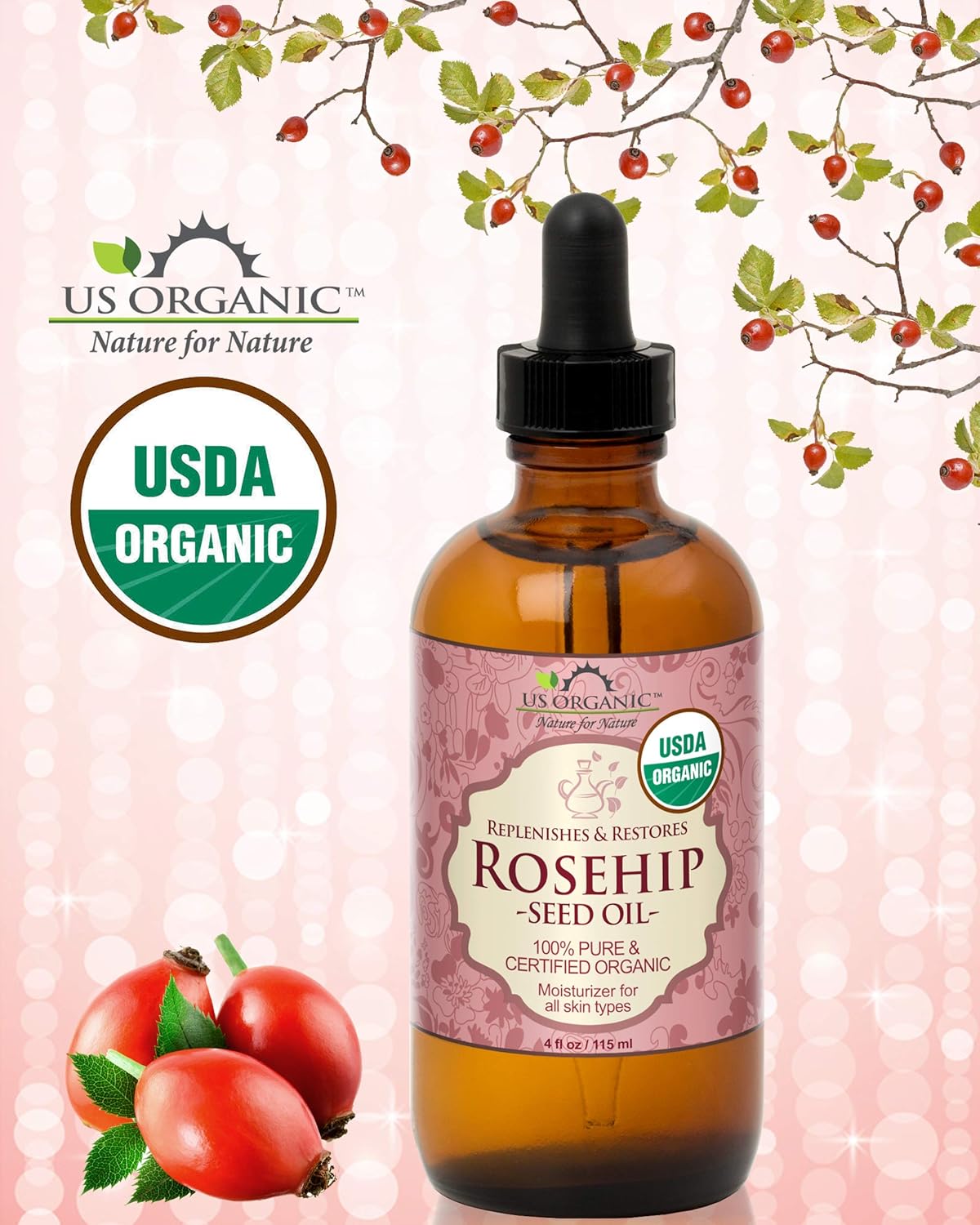 US Organic Rosehip Seed Oil, USDA Certified Organic, Cold Pressed, Virgin Organic, Amber Glass Bottle and Glass Eyedropper for Easy Application - 4 oz (115 ml)