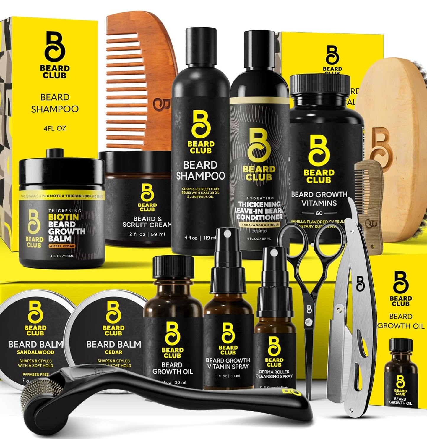 The Beard Club Ultimate Beard Growth Kit - Derma Roller, Growth Oil, Vitamins, Vitamin Spray, Biotin Balm, Conditioner, Cream, Balms, Shampoo, Razor, Scissors, Combs, Brush, Cleansing Spray - Gift Set
