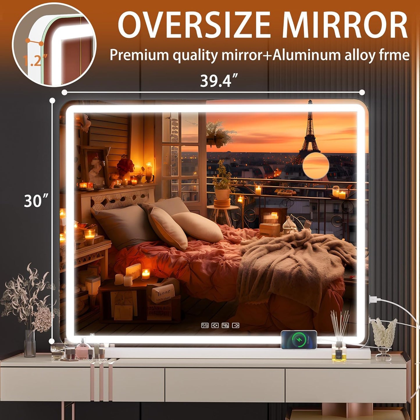 Hasipu Vanity Mirror with Lights and Bluetooth Speaker, 39.4" x 29.5" LED Makeup Mirror, Lighted Makeup Mirror with Dimmable 3 Modes, USB Charging Port, Round White