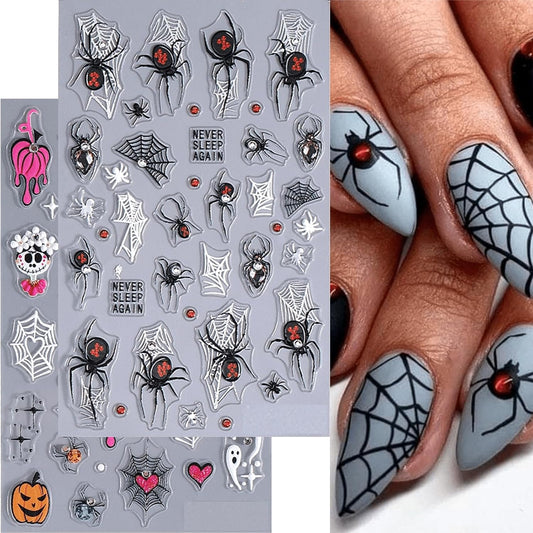 Halloween Nail Stickers 5D Embossed Self Adhesive Nail Decals with Cute Ghost Design Spider Web Pumpkin Nail Art Stickers Halloween Nail Supplies Nail Art Decoration for Women Girls