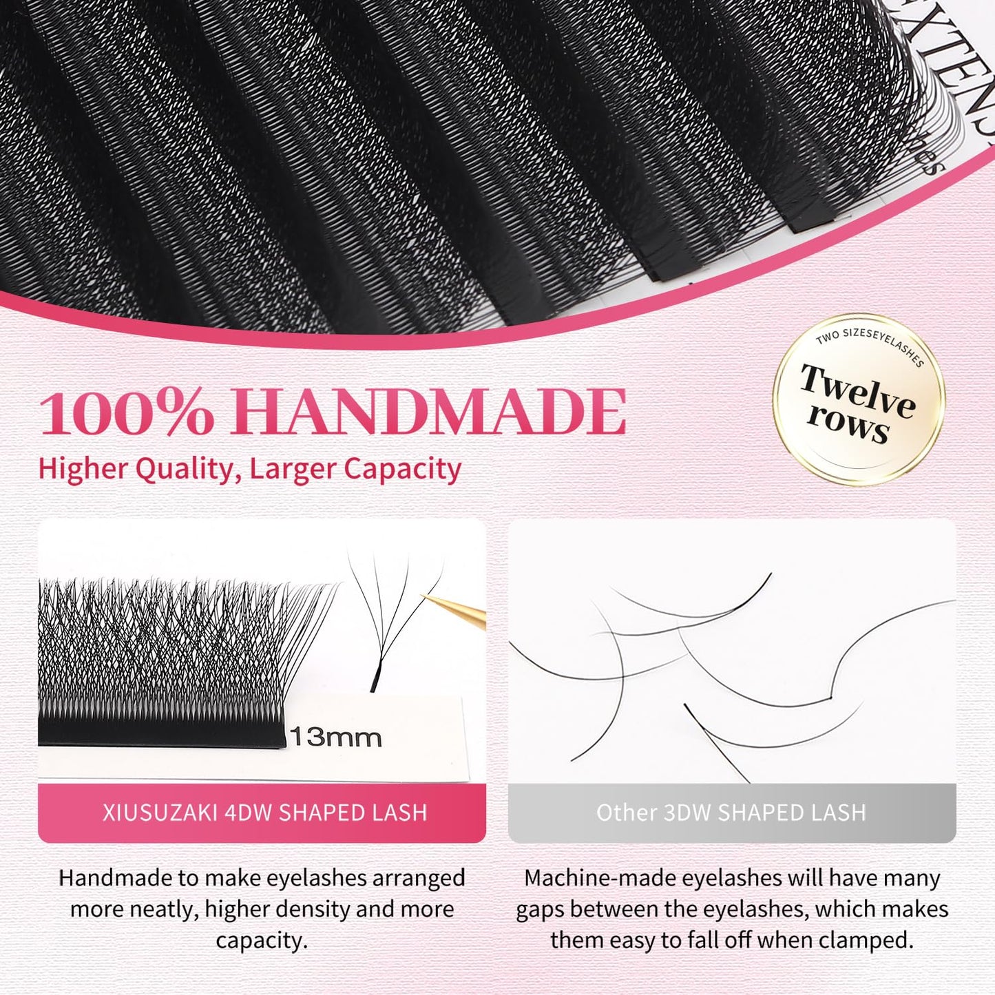 Lash Extensions 4D Eyelash Extensions W Lashes 0.07mm Thickness C Curl Lashes 8mm Soft Lash Trays Pestañas Pelo a Pelo Natural Matte Black False Eyelashes Individual Lashes(W-4D-0.07-C,8mm)