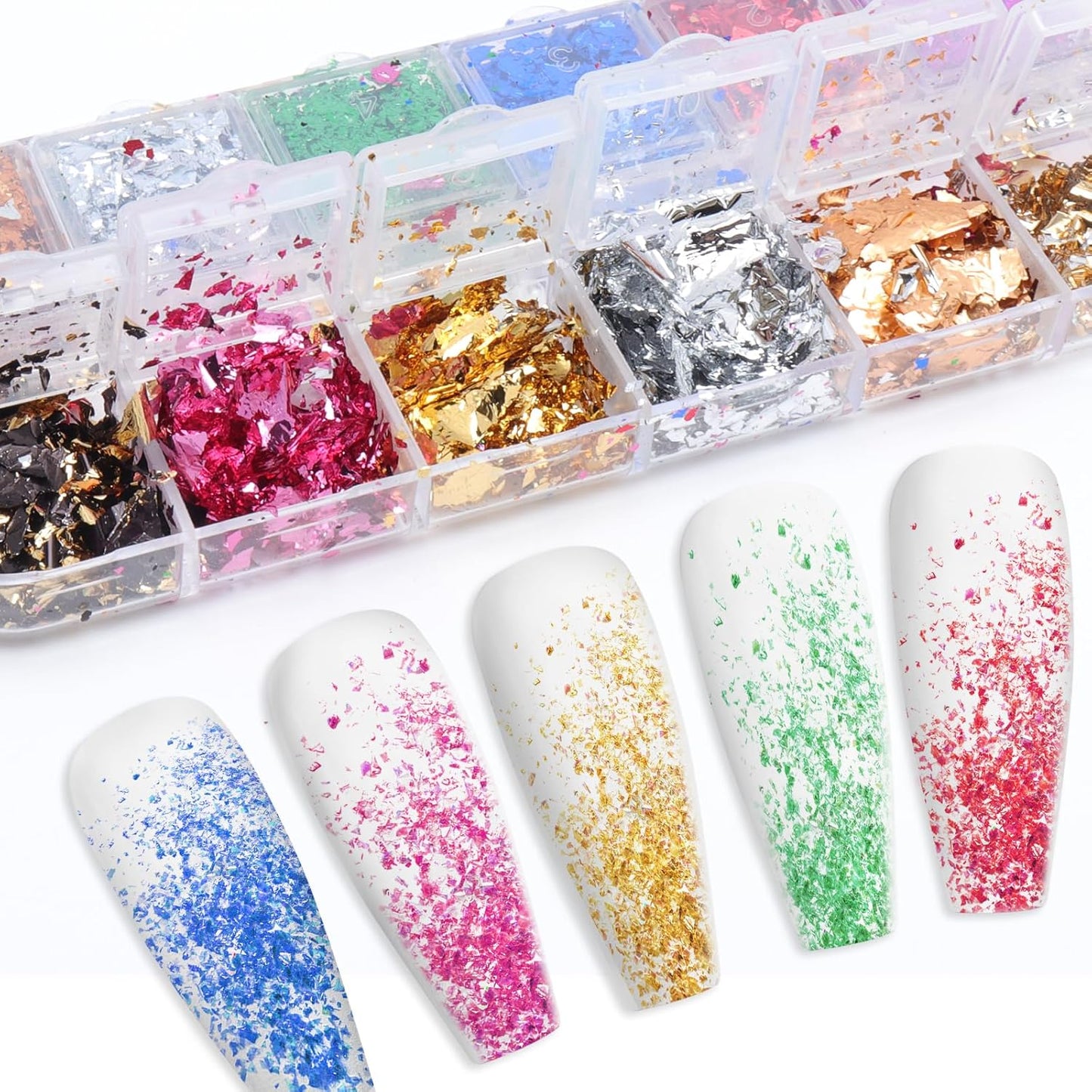 12 Grids Nail Art Foil Flake Glitter 3D Glitter Decoration Acrylic Nail Art Supplies Sequin Flakes Glitters Sticker Decoration Kit for Women Manicure Face Body DIY Decoration