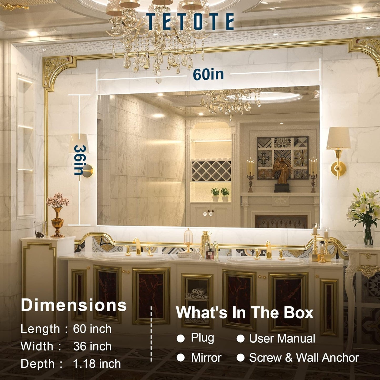 TETOTE 60 x 36 Inch LED Backlit Bathroom Vanity Mirror with Light,Anti-Fog,Dimmable,CRI90+,Touch Button,Water Proof,Large,Lighted Mirror,Horizontal/Vertical Wall Mounted