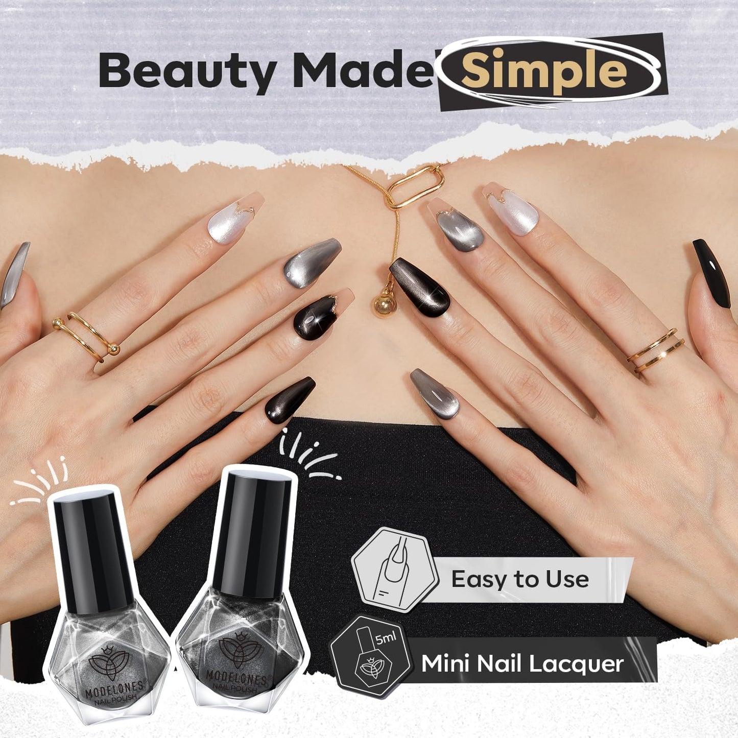 modelones Nail Polish Set, 6 Colors White Black Nail Polish with Magnet Glitter Cat Eye Magnetic Non Toxic Quick Dry Fingernail Polish Salon Home DIY Gifts For Women Girl