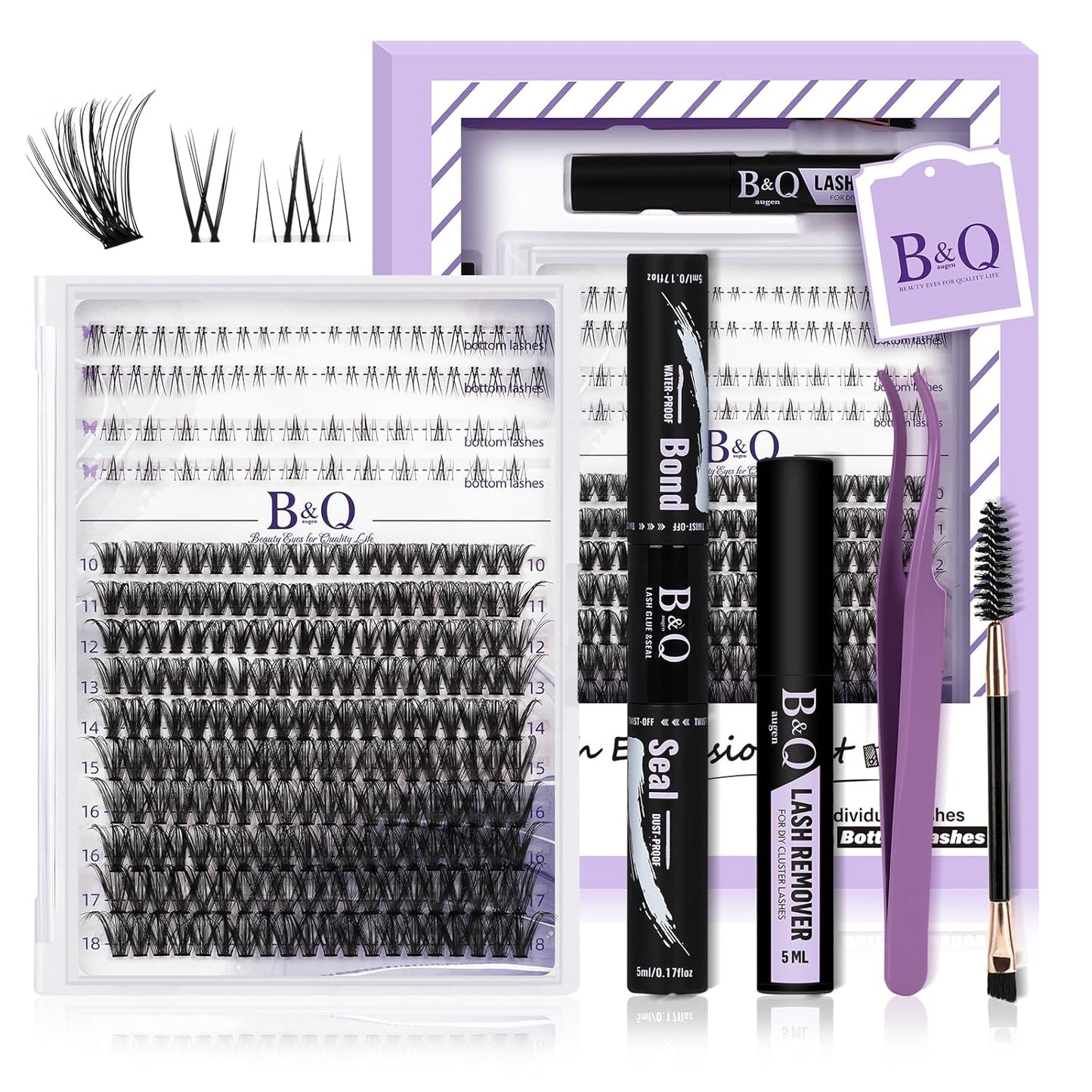 B&Qaugen B&Q Eyelash Extension Kit with Bottom Lash Extension 10-18mm 40D D Curl Lash Clusters Kit with Bottom Lashes DIY Lash Extension Kit Bond and Seal Lash Applicator (Kit-40D-D-MIX10-18)