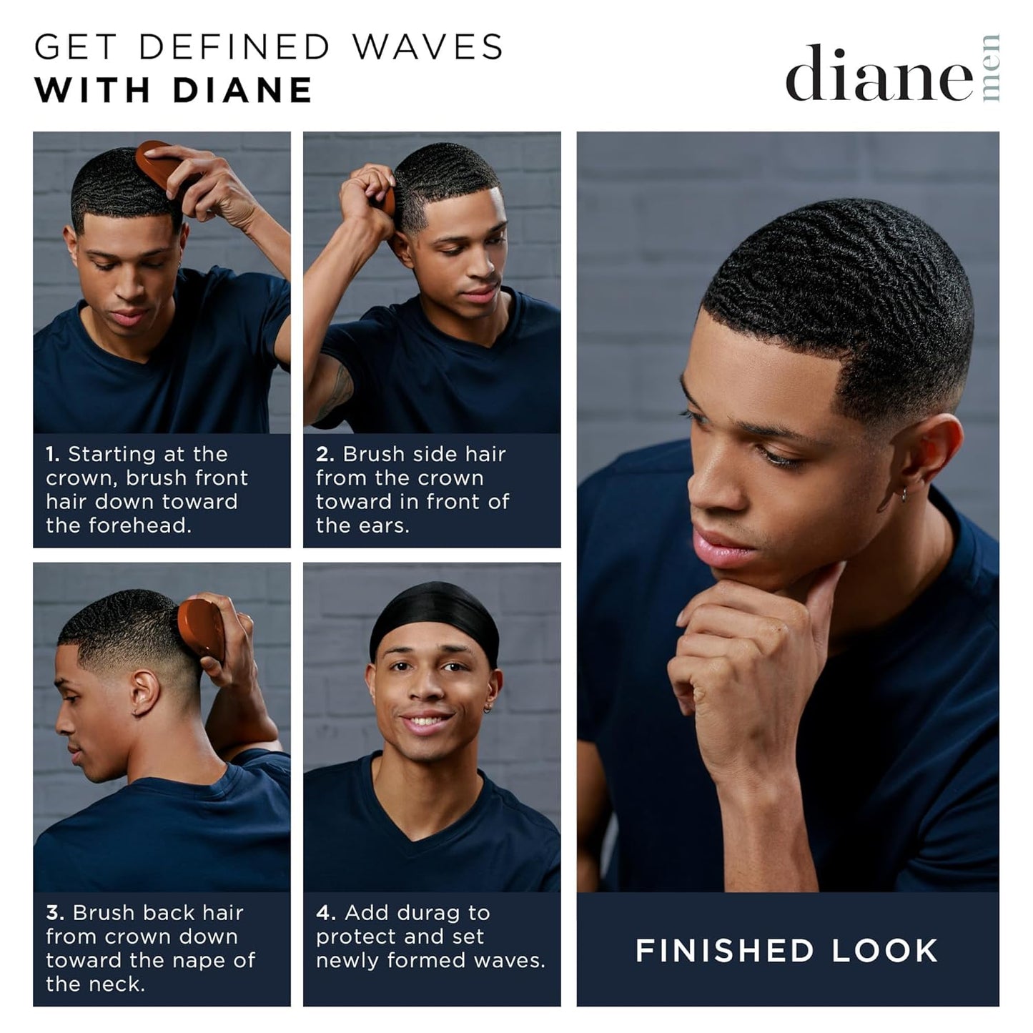 Diane Premium 100% Boar Bristle Military Wave Brush for Men and Barbers, Medium-Firm Bristles for Thick Coarse Hair, Detangling, Smoothing