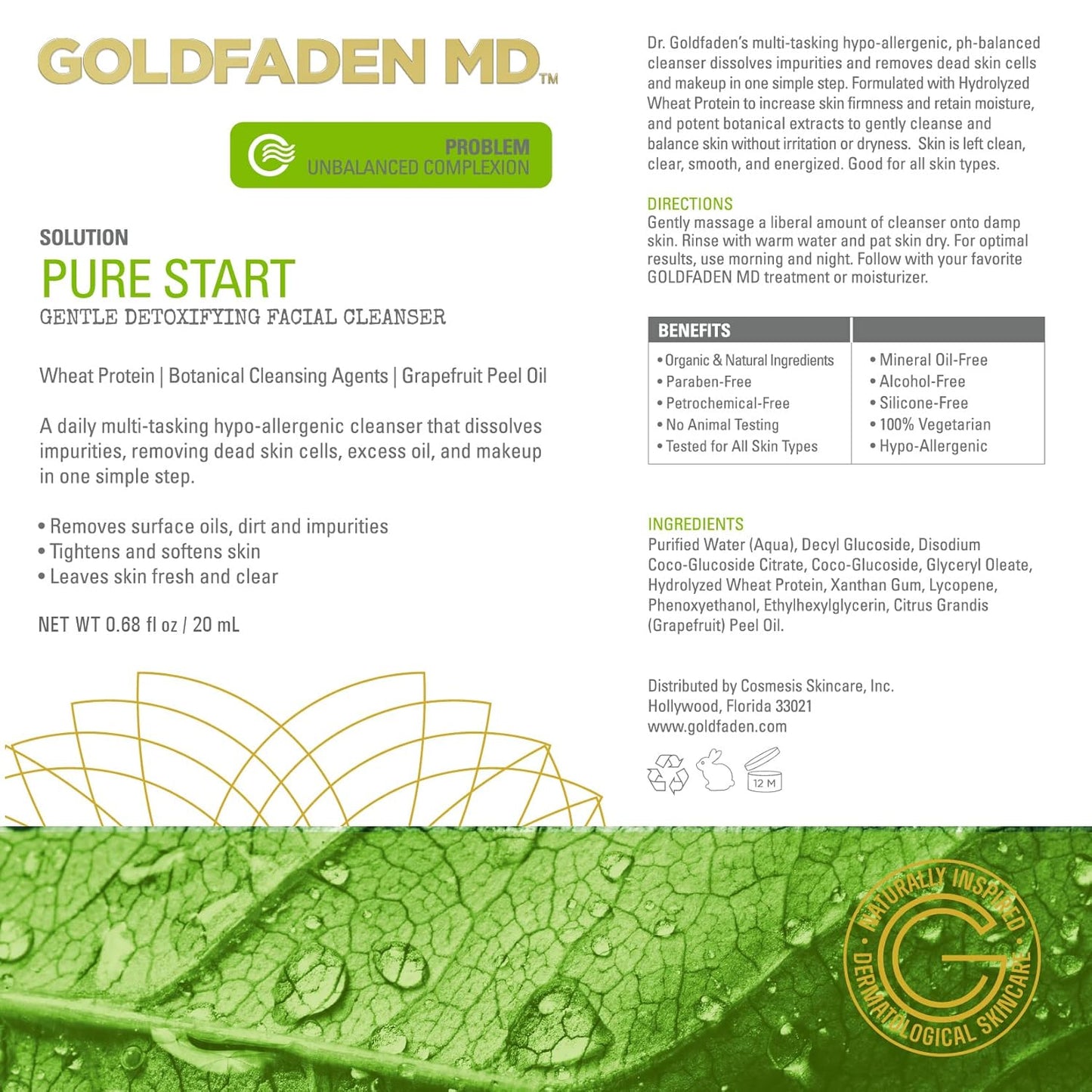 GOLDFADEN MD Pure Start Gentle Detoxifying Natural Facial Cleanser Grapefruit Peel Oil, Organic Red Tea Extract, Seaweed Extract, Rose Hip Seed Oil TRIAL .67 Fl Oz