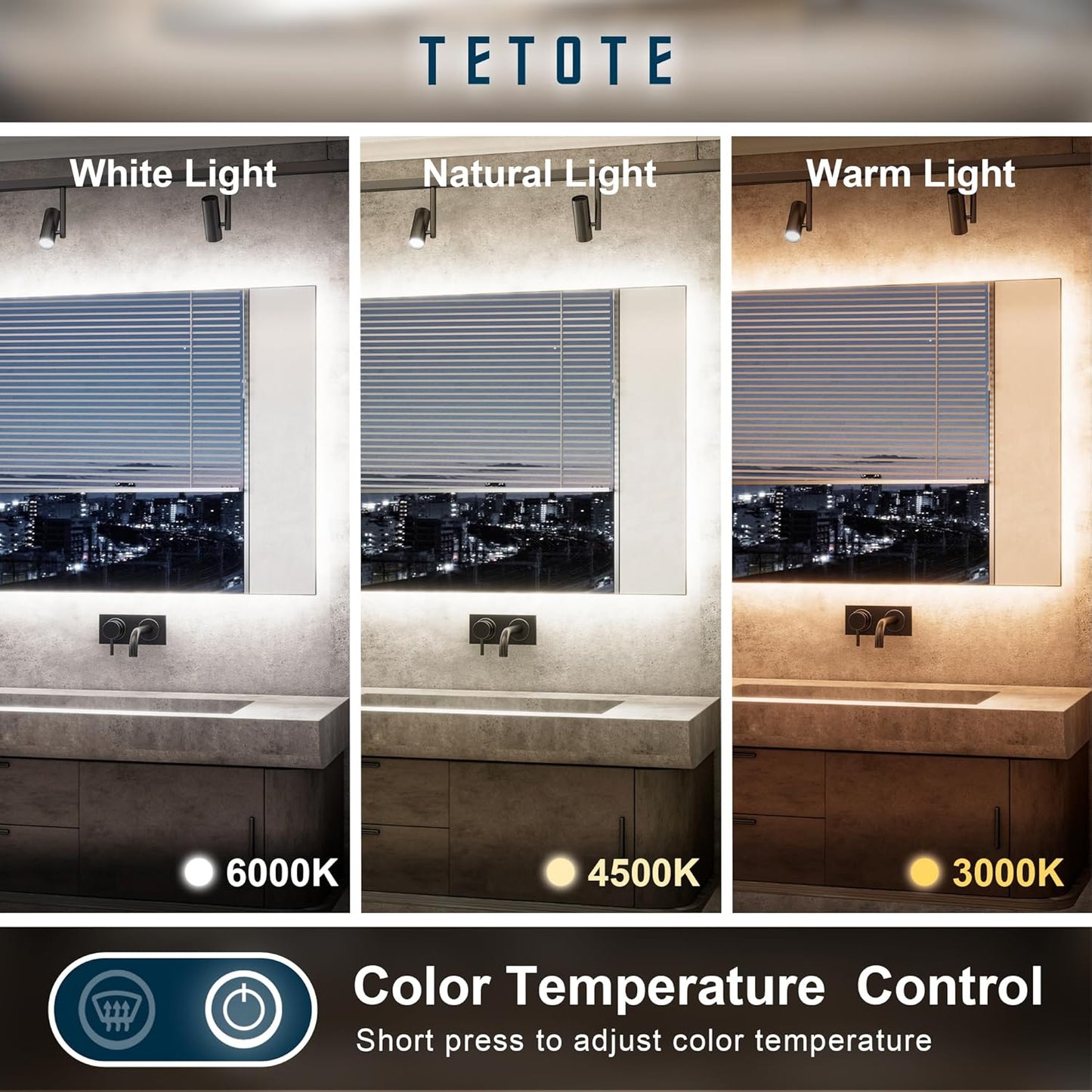 TETOTE 60 x 36 Inch LED Backlit Bathroom Mirror with Lights, 3Color White/Warm/Natural, Anti-Fog Lighted Mirror,Dimmable,Vanity Mirror,Wall Mounted