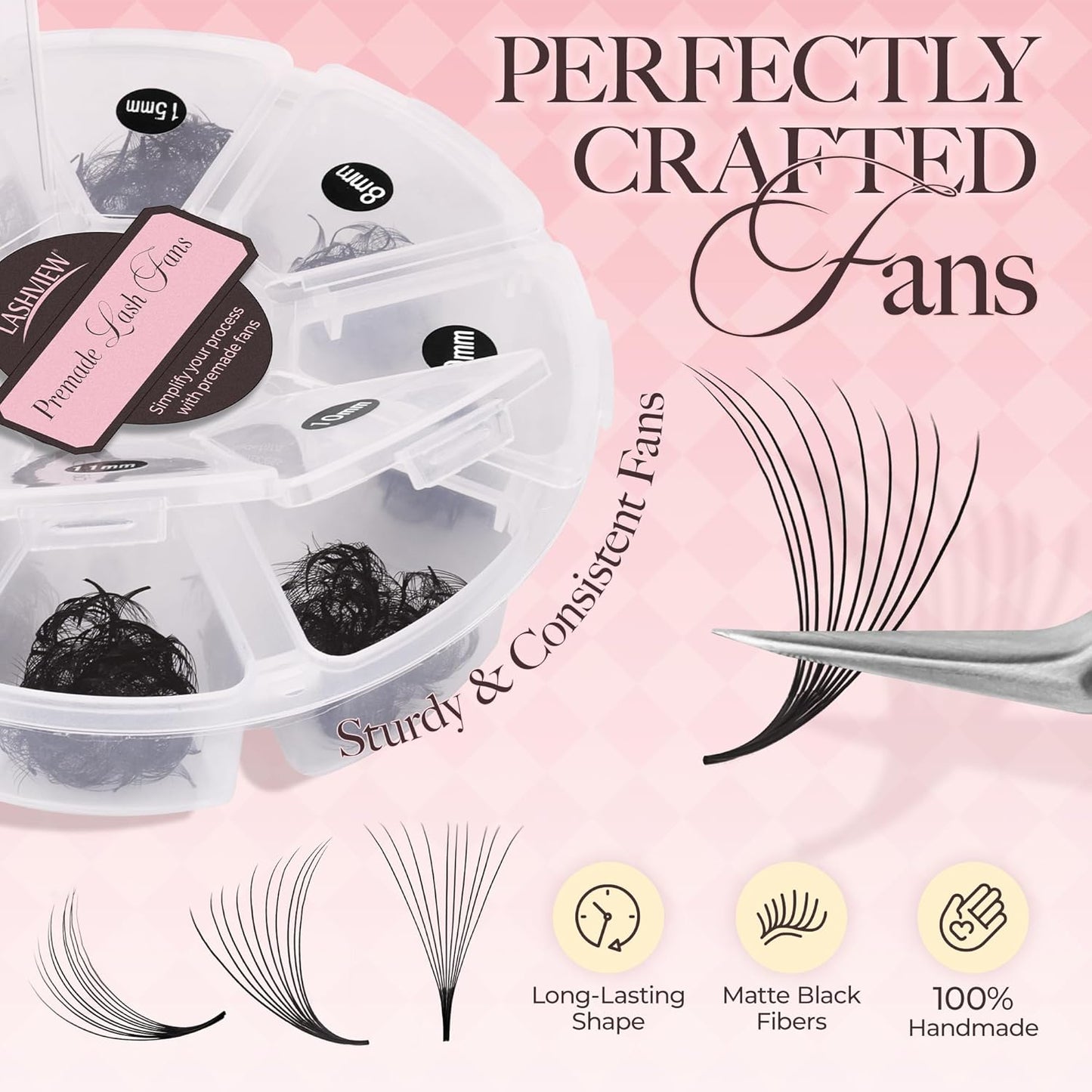 LASHVIEW 1000 Fans Premade Volume Eyelash Extensions Mixed Tray C Curl Pointed Handmade Loose Fans Thin Base (10D-0.07C,8-15mm)
