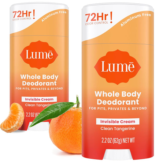 Lume Whole Body Deodorant - Invisible Cream Stick - 72 Hour Odor Control - Aluminum Free, Baking Soda Free, Skin Safe - 2.2 Ounce (Pack of 2) (Clean Tangerine)