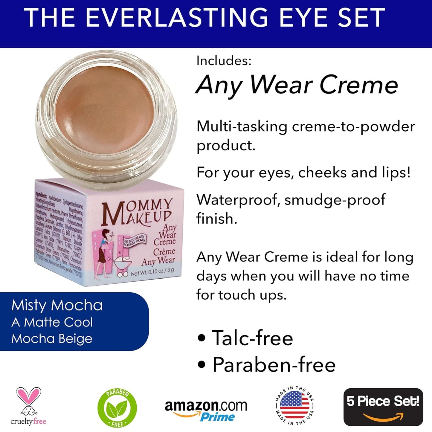 The Everlasting Eye 5 Piece Waterproof Makeup Set. Gel Eyeliner, Creme Eyeshadow, 2 brushes and Mesh Bag. Paraben-free, Talc-free, Cruelty-free. Misty Mocha/Chocolate Kiss 1802
