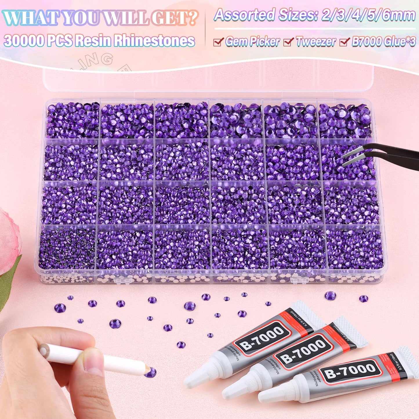 30000Pcs Resin Purple Rhinestones for Bedazzling Crafting with b7000 Jewelry Glue, Bulk Flatback Gems Bedazzler Kit for Crafts Clothes Shoes Fabric Nail Diamond Art, Assorted Size 2/3/4/5/6mm