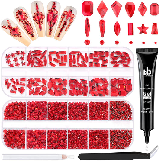 3220Pcs Red Glass Rhinestones 120Pcs Multi Shapes Flatback Gems + 3100Pcs 1.5-4mm Round Crystal With Glue Gel, Manicure Charms Diamond Gemstones for Nail Art