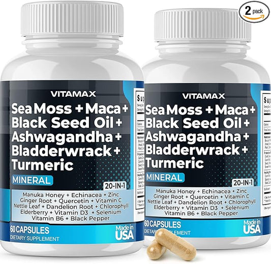Sea Moss 3000mg Maca 1000mg Black Seed Oil 2000mg Ashwagandha 1000mg Bladderwrack, Turmeric - Manuka, Elderberry, Vitamins C & D3, Chlorophyll, Zinc, Black Pepper - Made in USA (60 Count (Pack of 2))