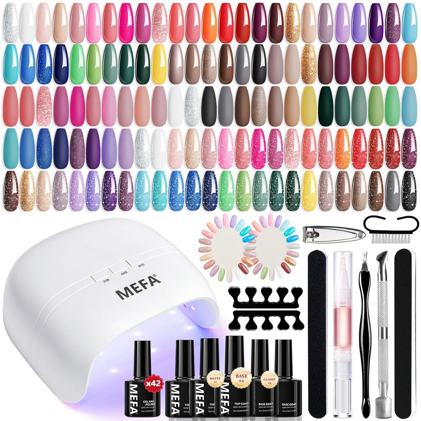 MEFA 42 Colors Gel Nail Polish Kit with U V Light, 59 Pcs All Seasons Collection Colorful Gel Polish Essential Set with 5 Psc Matte/Glossy Base Top Coat, Salon Gifts for Women