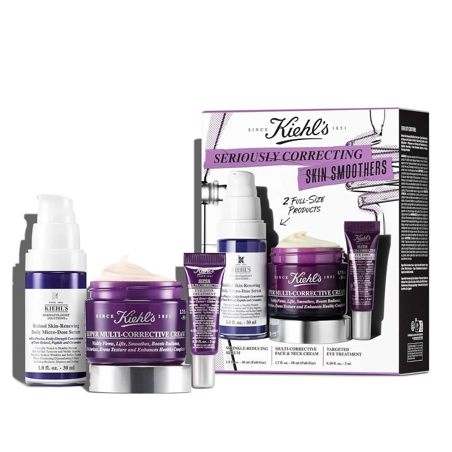 Kiehl's Seriously Correcting Skin Smoothers Skincare Gift Set – 3 Piece Skincare Routine Set with Wrinkle Reducing Face Moisturizer, Retinol Facial Serum & Anti-Aging Eye Cream