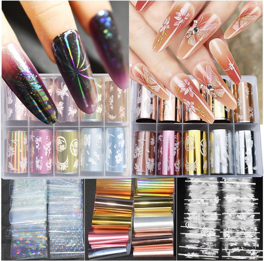 30 Rolls Nail Art Transfer Foils Set,10 Rolls Holographic Laser Aurora Nail Foil and 10Roll Metallic Color Nails Decals and 10Roll White Flowers Nails Foil Transfer Stickers 39.37x1.57 inches (30)