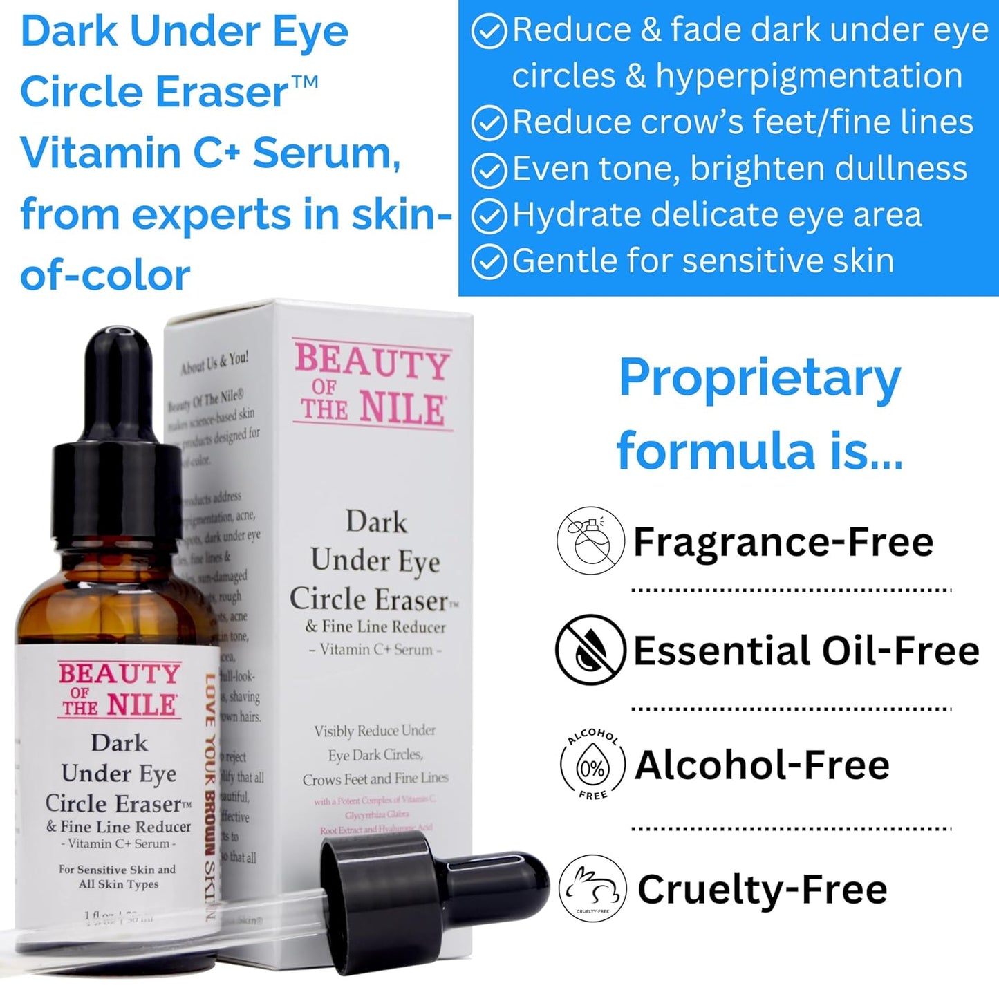 Dark Under Eye Circle Eraser™ Vitamin C+ Serum for Skin-of-Color, Dark Circle Puffiness Wrinkle Hyaluronic Acid Superoxide D, Beauty of the Nile® 1 Oz