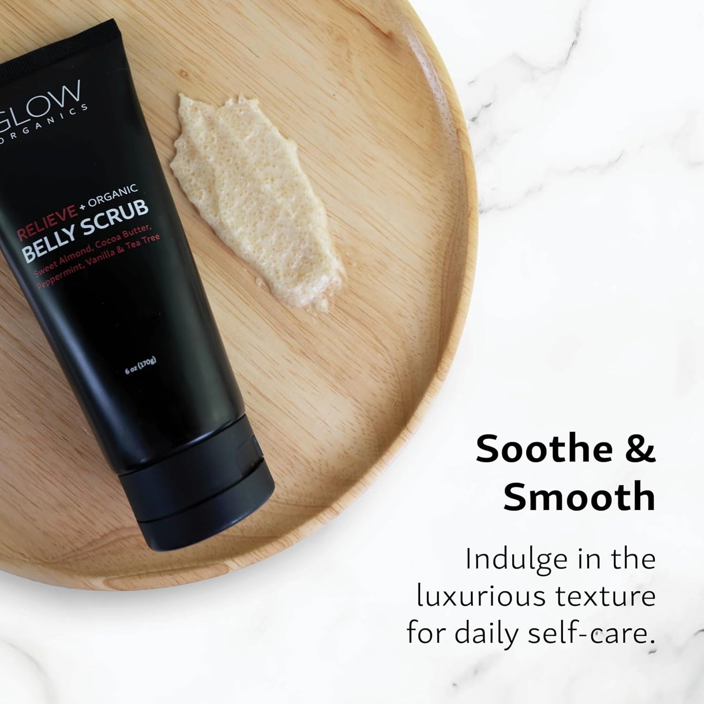 Exfoliating Belly Scrub, 6 oz, Moisturizing Body Exfoliant with Sweet Almond Oil and Cocoa Butter, Organic, Sugar Scrub, Natural Vegan Skin Care