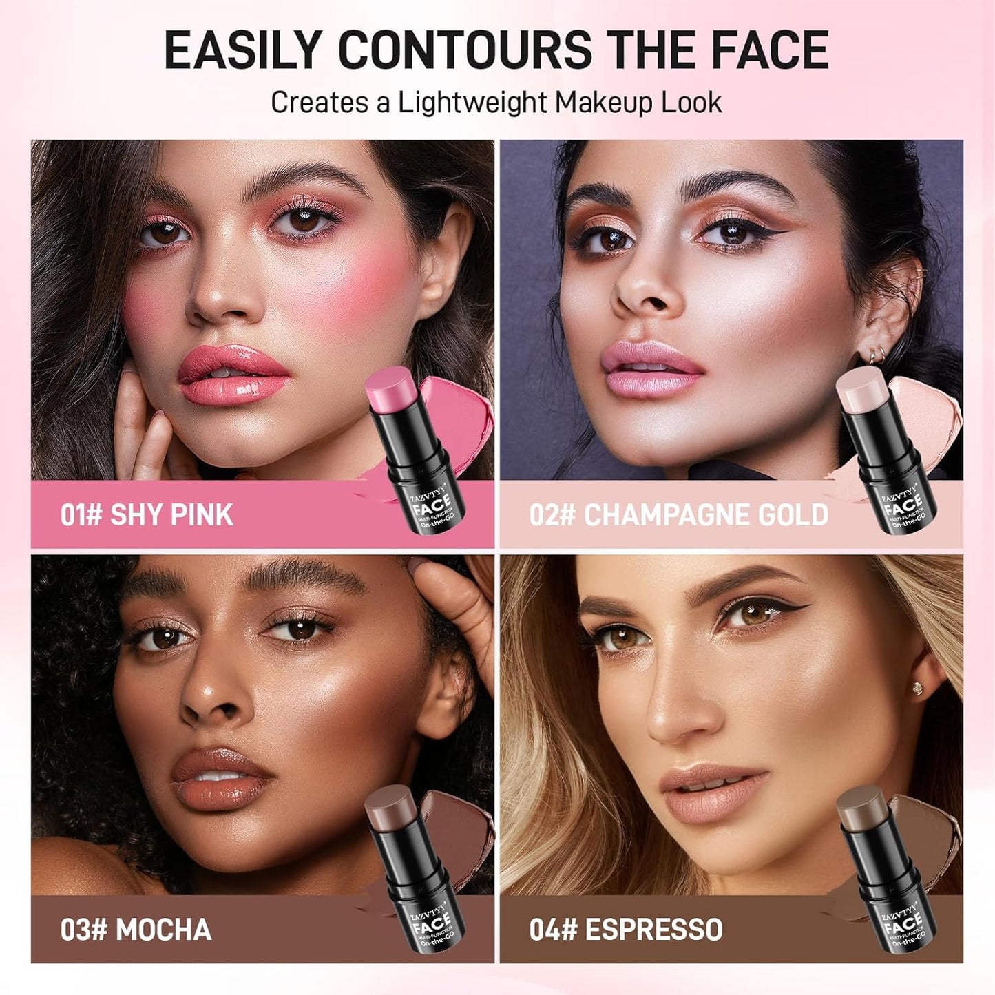 3Pcs Cream Contour Stick Makeup Kit,Shades with Highlighter Stick,Blush Stick and Bronzer Contour Stick for Sculpt the Cheeks,Long Lasting,Waterproof,Matte & Dewy Finish (Medium, 01# 02# 04#)